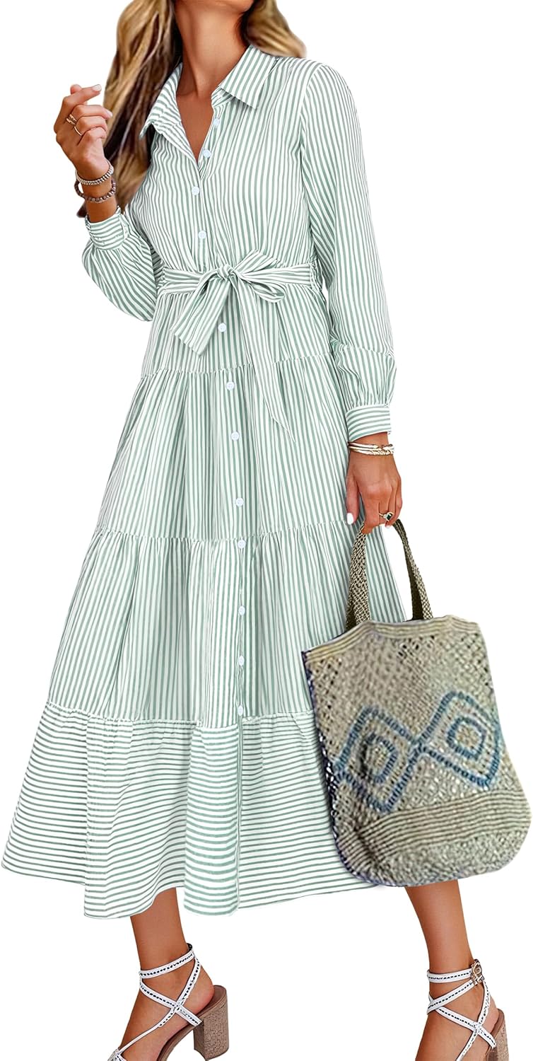 Caracilia Women Long Sleeve Maxi Dress 2026 Spring Casual Button Down Striped Plaid Tie Waist Shirt Dresses Vacation Outfits