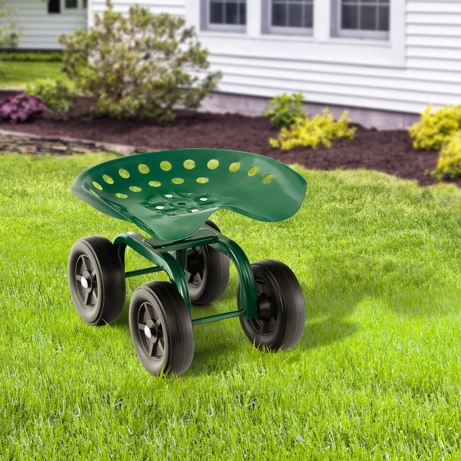 COSTWAY Siège de Jardin Roulant pour Travail avec Hauteur Réglable 28-40,5 cm, Tabouret de Jardinage avec Siège Pivotant à 360° sur Larges Roues Charge 150KG, pour Pelouse Atelier