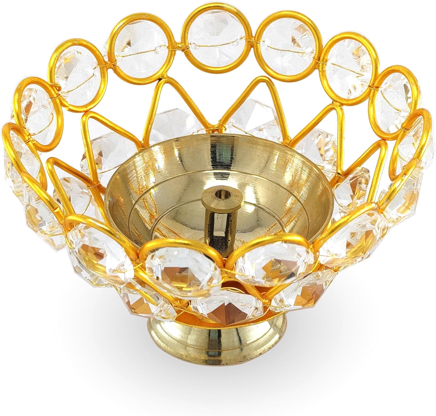 Gold Crystal Diya with Blue Velvet Gift Box Home Decoration Chrystal Piyali Dia Pooja Items Puja Gifts Handmade Oil Lamp Traditional Indian Dhanteras Deepawali Diwali Gift Items 6 Pcs