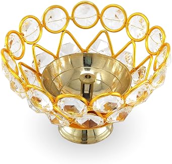 Gold Crystal Diya with Blue Velvet Gift Box Home Decoration Chrystal Piyali Dia Pooja Items Puja Gifts Handmade Oil Lamp Traditional Indian Dhanteras Deepawali Diwali Gift Items
