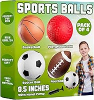 PlayBolt 8.5 Inch Kids Sports Balls Pack of 4 - Inflatable Soccer, Basketball, Football, Playground Ball & Pump - Toddler Toys Ages 3+