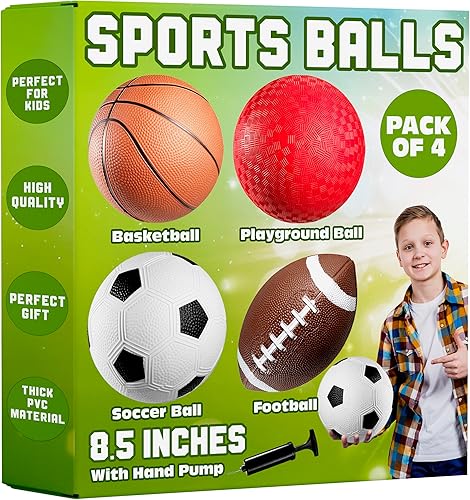 Pelotas deportivas de 8.5 pulgadas para niños y niños pequeños, paquete de 4 pelotas inflables de goma multideporte, fútbol, baloncesto, pelota de