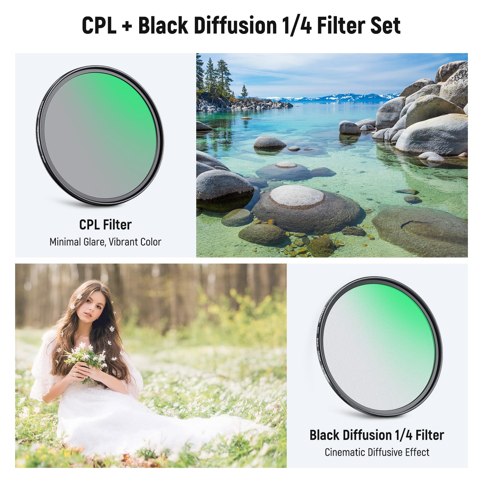 NEEWER 67 mm CPL + Black Mist Diffusion 1/4 zestaw filtrów (2 sztuki), wielowarstwowe szkło optyczne okrągłe polaryzacyjne i marzycielski miękki filtr z efektem kinowym do obiektywu aparatu