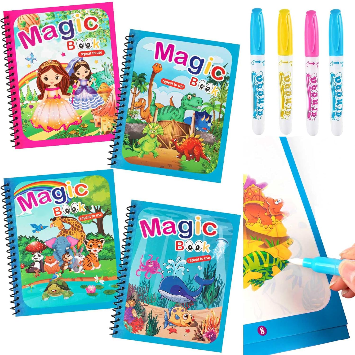 8 Pack Water Coloring Books, Reusable Water Painting Books with Dinosaur Animal for Toddlers Coloring Book for Toddlers Gifts, Toddler Travel Toys