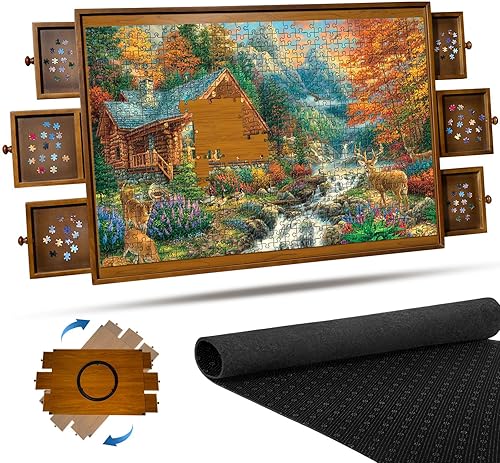 Miniatura 1 de Sunix Tablero de rompecabezas giratorio de 1500 piezas con 6 cajones y cubierta, mesa de rompecabezas de madera portátil de 36 x 26 pulgadas para