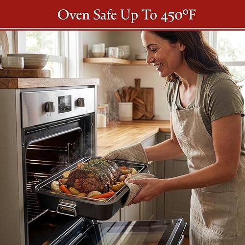 Miniatura 6 de Sartén para asar con estante en ángulo, asador antiadherente para horno y bandeja extraíble, drena grasa y grasa para una cocina más saludable.