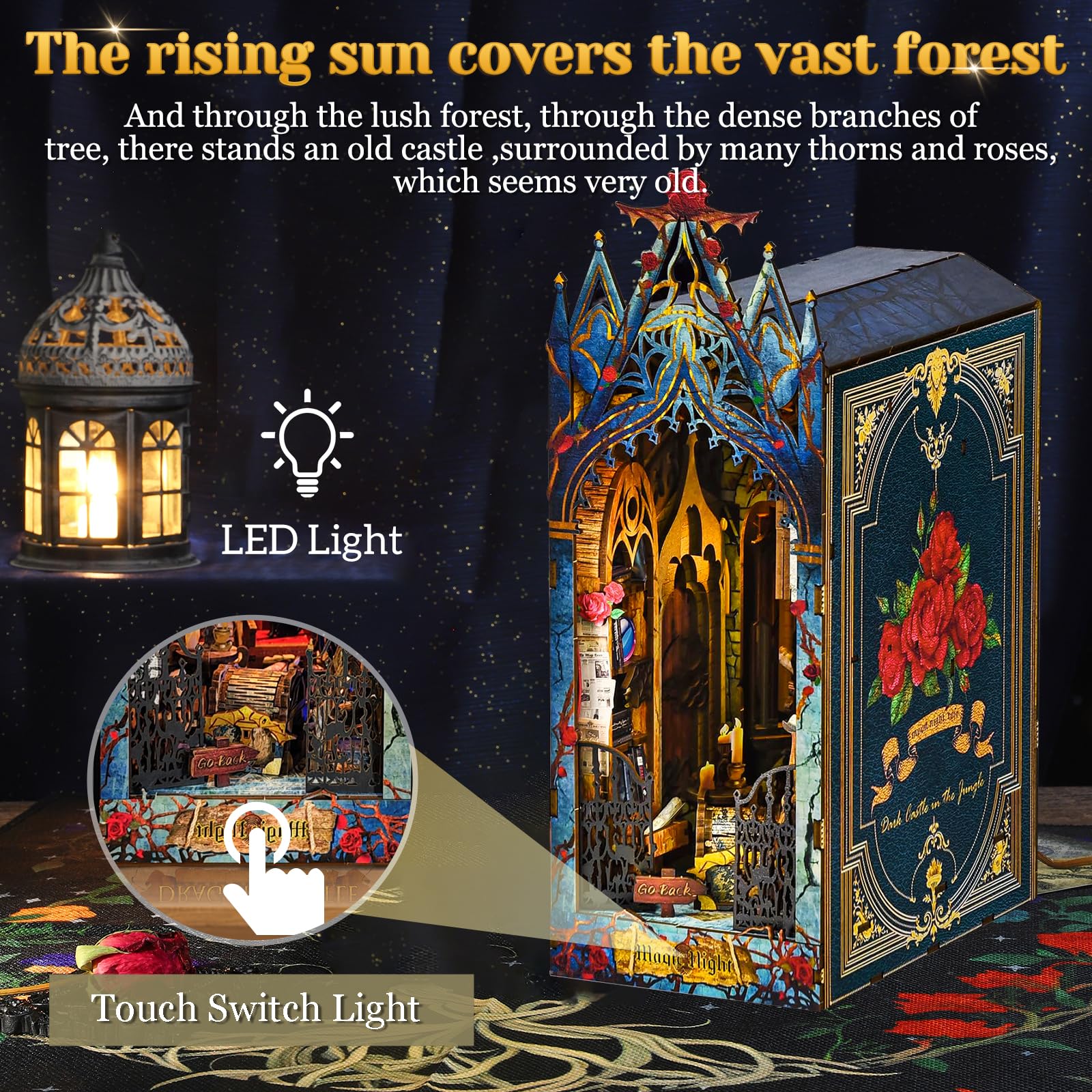 RONSTONE Book Nook Kit - Casa Delle Bambole in Miniatura con Luce LED - Castello al Chiaro di Luna Puzzle 3D in Legno Fermalibri Inserto per Libreria