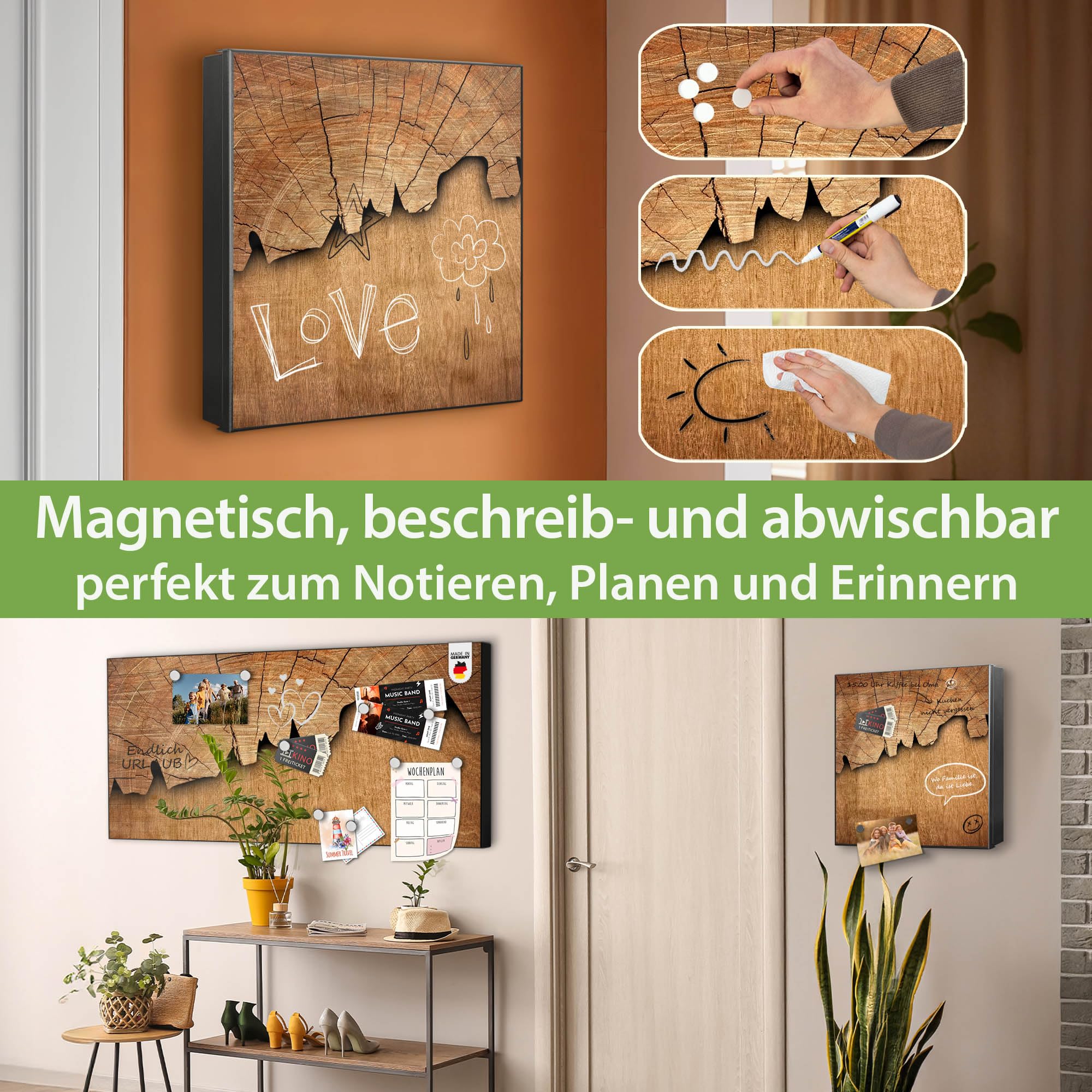 banjado Großer Schlüsselkasten Metall - Schlüsselbox 30x30cm beschreibbarer mit 32 Haken - Schlüsselkasten modern für Schlüsselaufbewahrung - Korpus Schwarz Scharnier Rechts - Motiv Holz