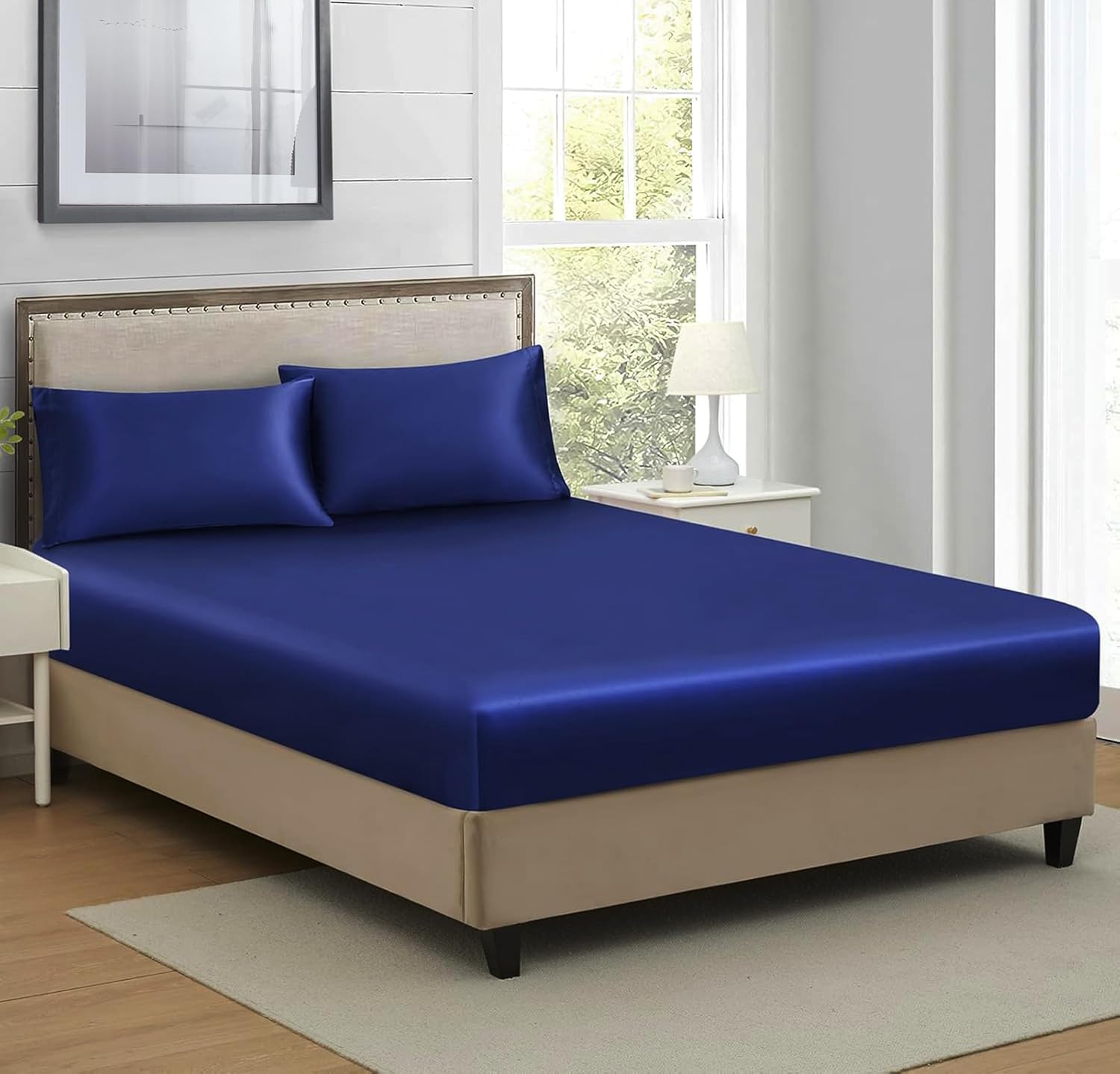 RD TREND® Satin Solid Fitted Bedsheets Queen Size 78x60x10 Inch, Elastic Bedsheets for Queen Size Bed with 2 Pillow Covers-18×28 Inch (Blue), 400 TC