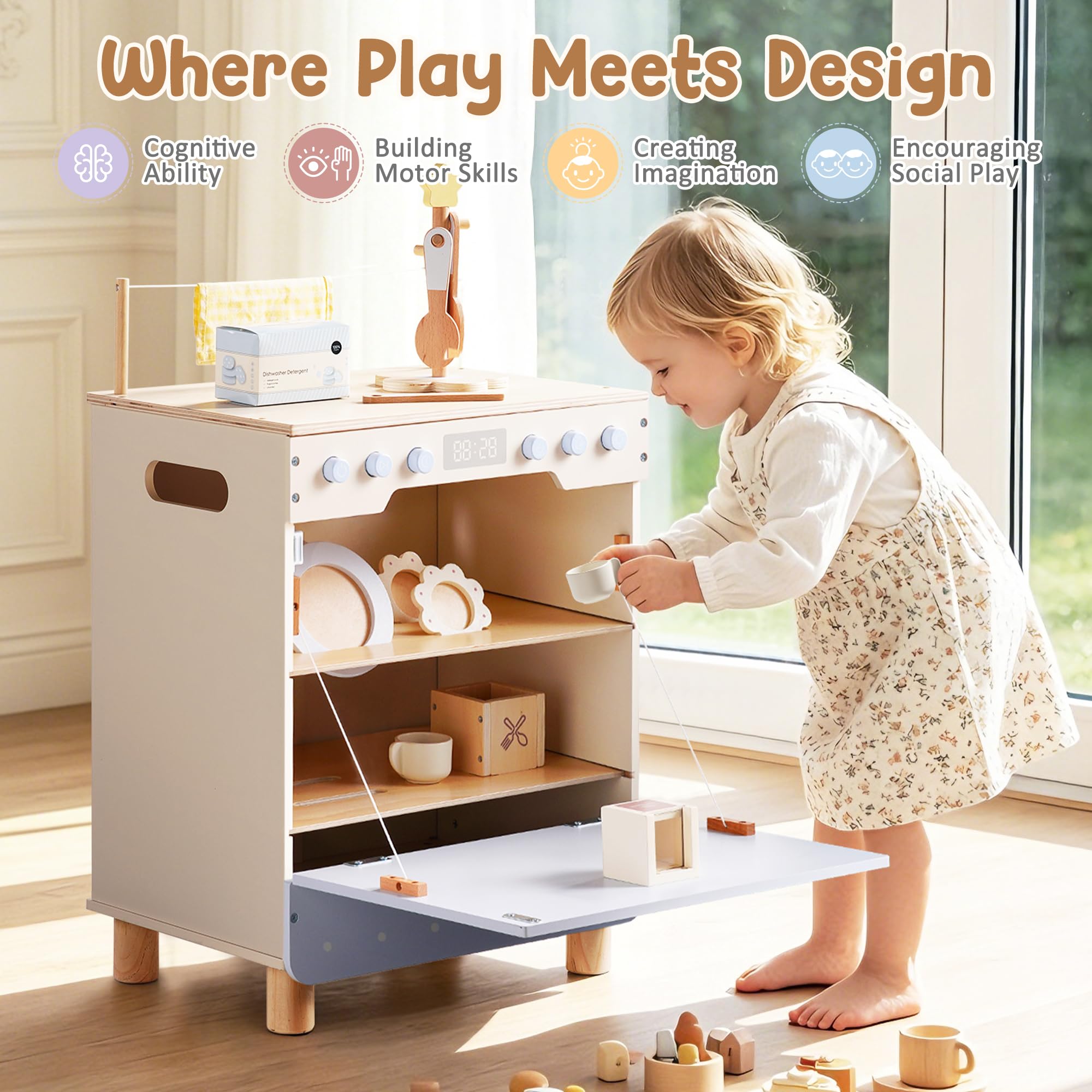 ROBUD Ensemble de jeu en bois pour lave-vaisselle, jeu de rôle avec couverts, assiettes, tasses à café pour enfants, tout-petits, cadeau de cuisine pour garçons et filles à partir de 3 ans