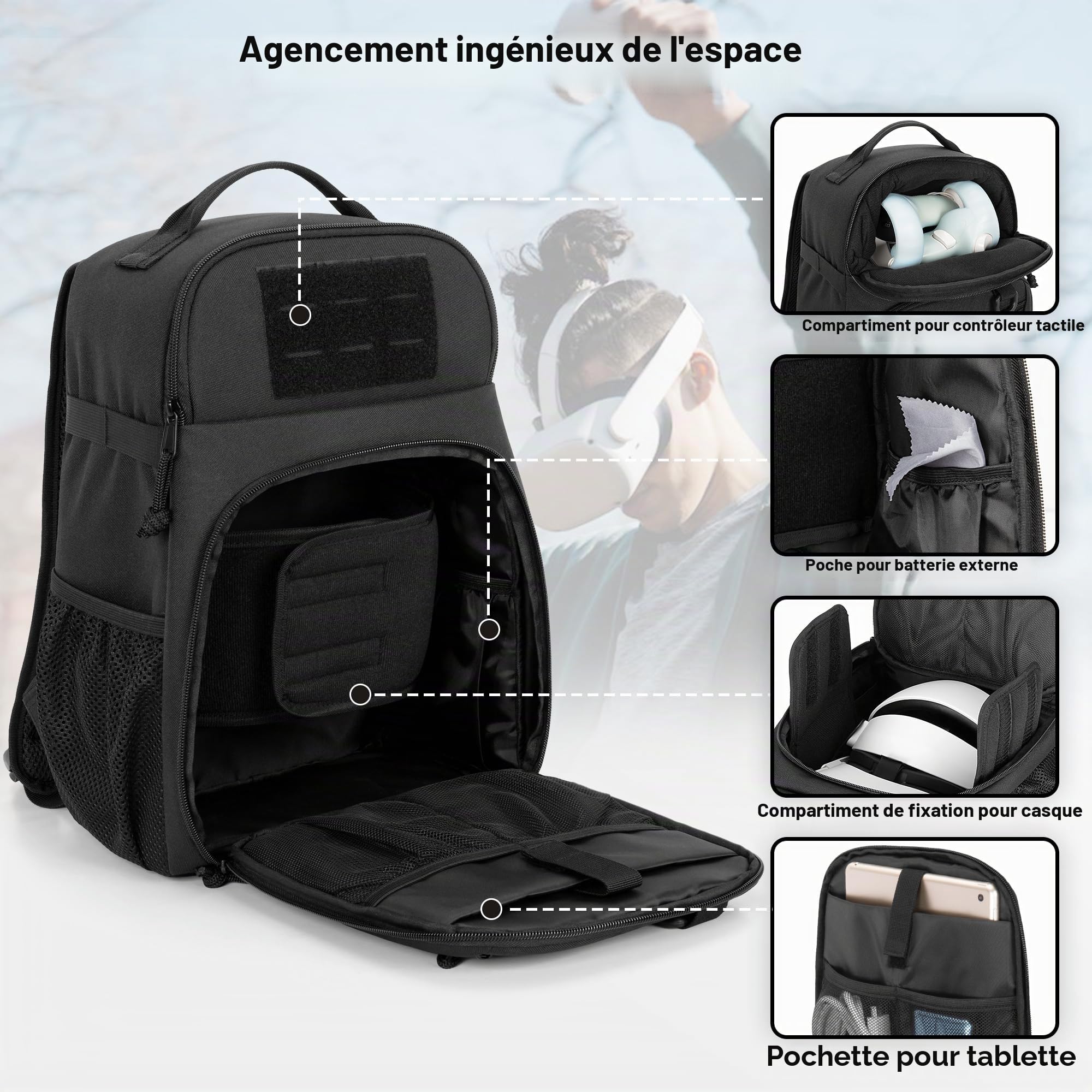 PGmoon Sac à Dos Tactique Compatible avec Meta Quest 2/Quest 3/Quest Pro | Sac de Transport Compatible avec VR Elite Strap avec Plusieurs Poches pour Contrôleurs et Accessoires ( Conception Brevetée )