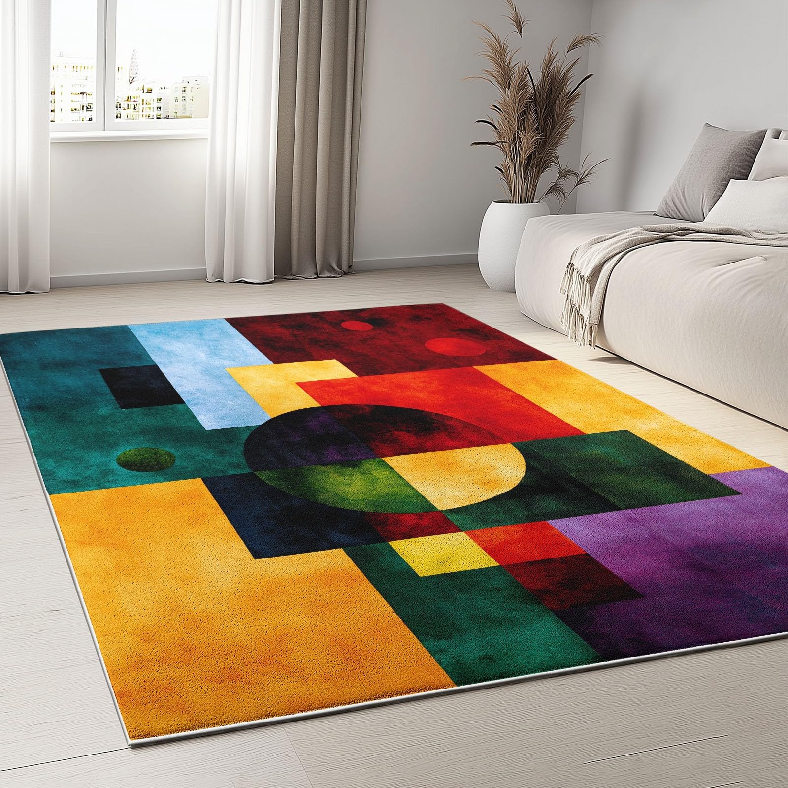 Generisch Teppich Maschinenwaschbar 160 x 230 cm Quadrat Form Kreis, Weich rutschfest & Fusselfrei, Großer Teppich für Flur Schlafzimmer Wohnzimmer Gastzimmer Esszimmer, Mehrfarbig