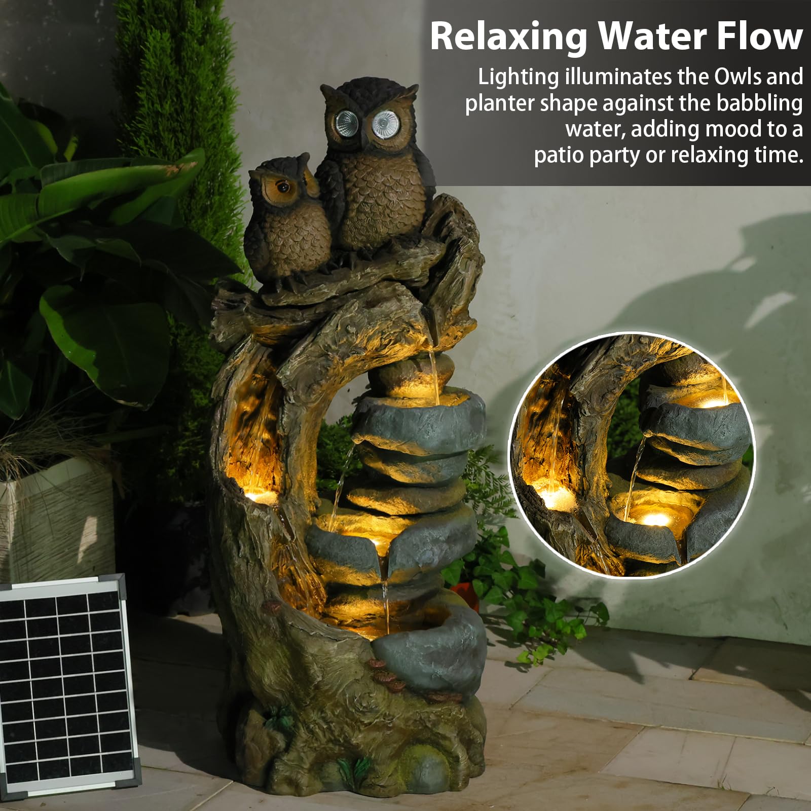 Solar Springbrunnen Außen Eulen, 4 - Stufen Gartenbrunnen Kaskade Zimmerbrunnen mit LED - Beleuchtung, Gartenbrunnen für Balkon, Terrasse, Drinnen & Draußen, Gartendekoration, 87 cm