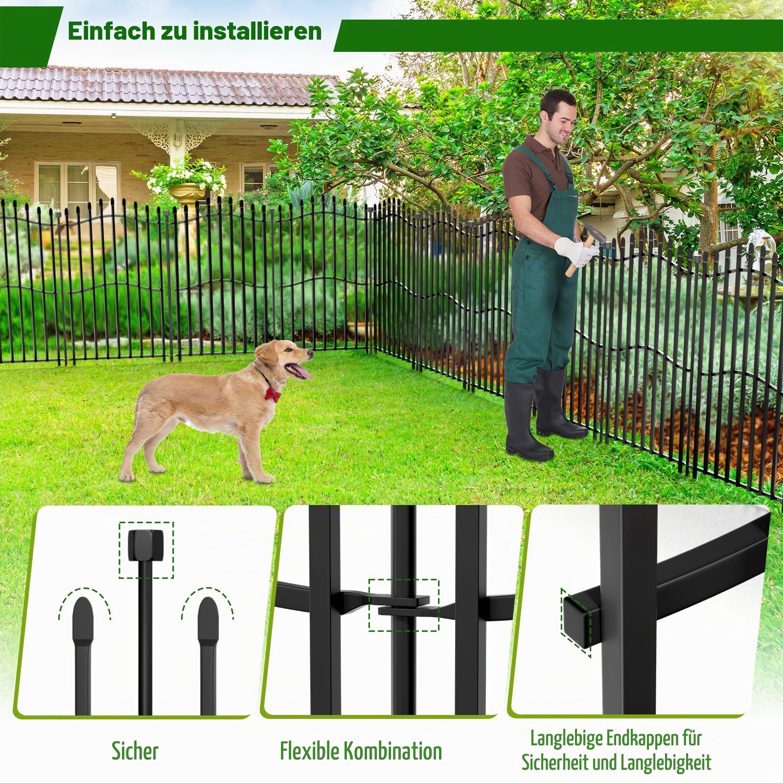 10 Paneele Steckzaun Dekorativer Gartenzaun Metall mit Tür – 102 cm hoch x 7 m lang, robuster Vierkantrohr-Tierschutz, rostfreier Hundezaun für Hof und Terrasse im Außenbereich