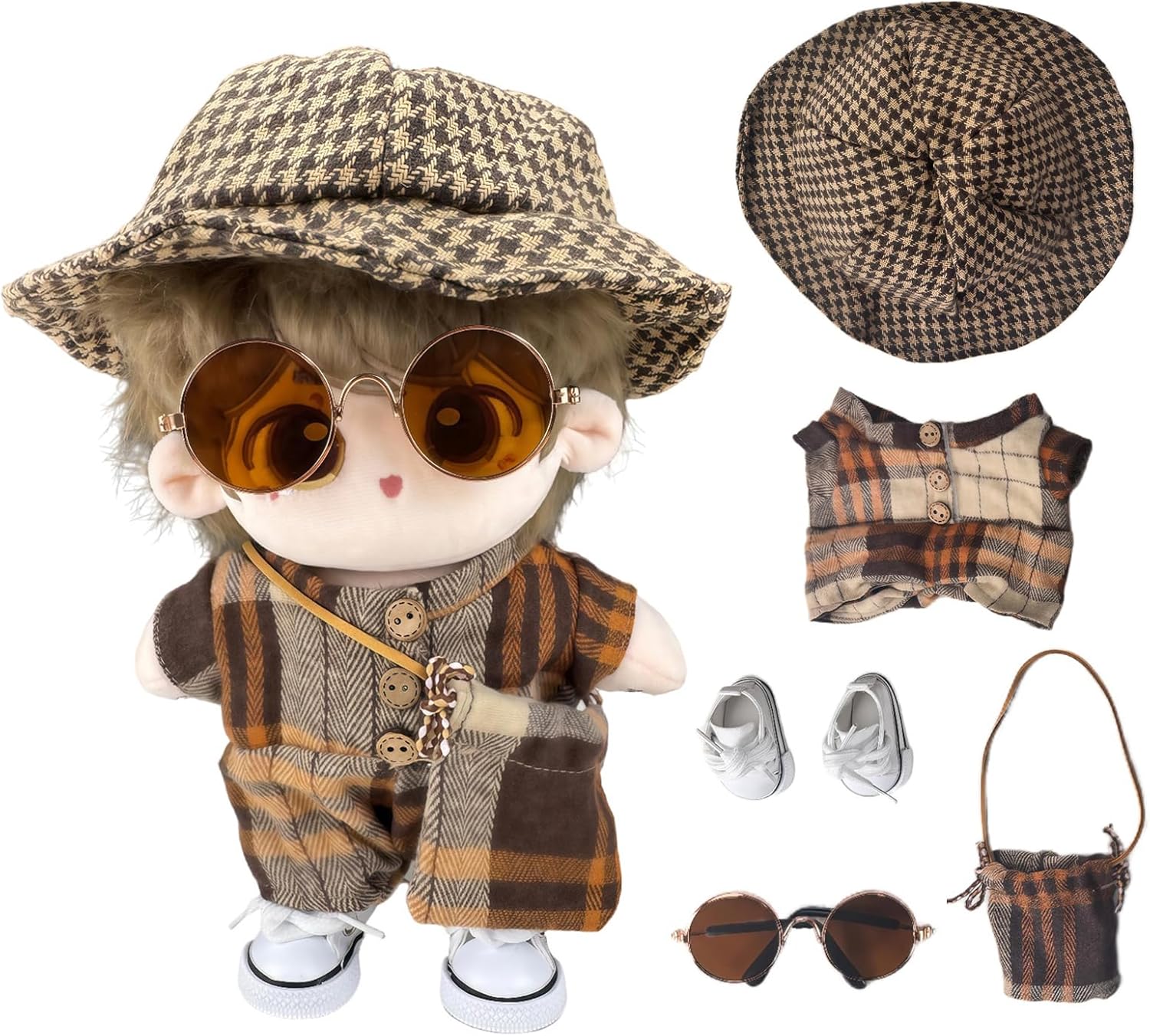 20cm Plush Doll Clothes Set - Fashion Jumpsuit Outfit with Hat, Sunglasses, Crossbody Bag & Shoes for 8 Inch Cotton Dolls, Cool Street Style Accessories