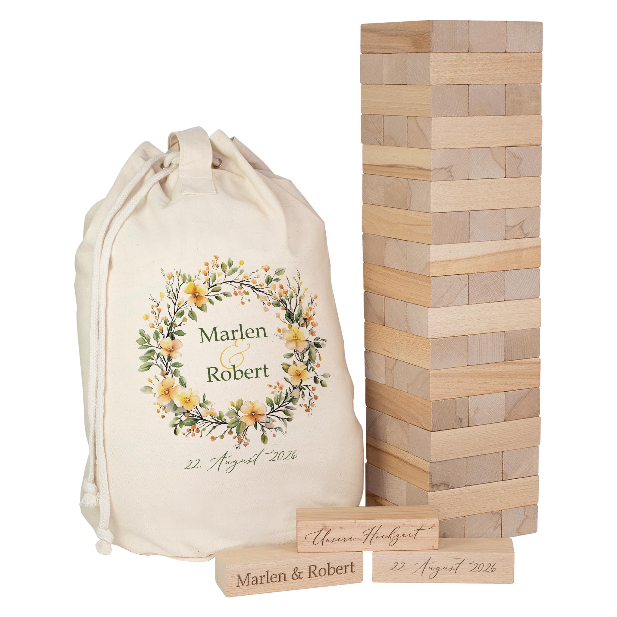 Herz & Heim® XXL Jenga Wackelturm Hochzeitsgeschenk – Gästebuch aus Holz personalisiert mit Gravur der Namen & Datum mit Geschenksack aus Baumwolle – Brautpaar Geschenk Hochzeit