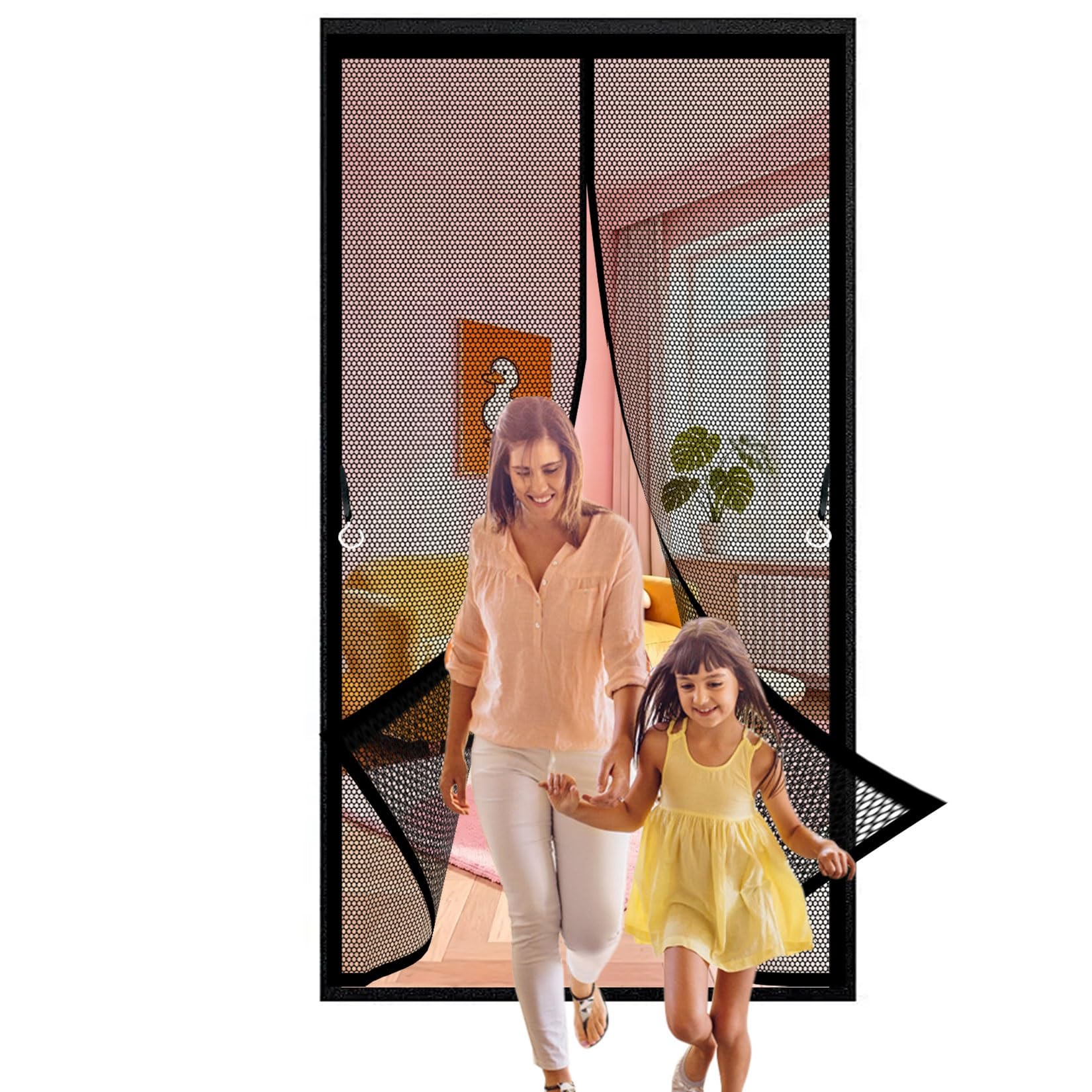 Mosquito Door Screen 164 x 144 cm Frame Hook & Loop, Powerful Magnets Fly Screens Doors Nets Lets Fresh Air, Easy to Install Pet and Kid Friendly, Black