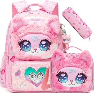 Meetbelify Backpack for Girls Backpacks with Lunch Box Pencil Case for Elementary Student Kids School Travel Bag for Girls Ages 6-8 Years Old Pink
