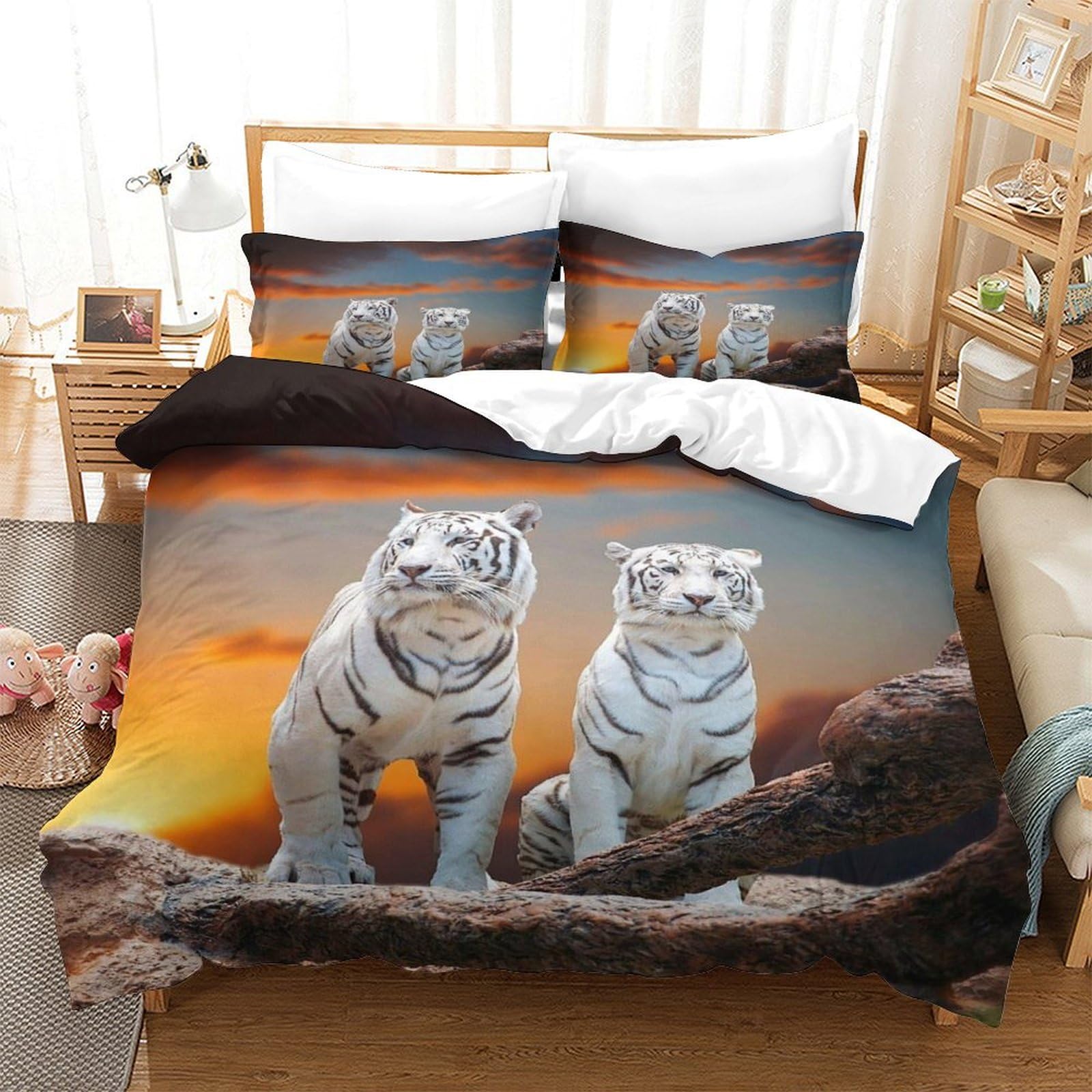 Tigre bianca Microfibra Morbida Copripiumino 3 Pezzi,3D Motivo Animale tigre Copripiumino,Copripiumino E Federe,con Chiusura A Cerniera E Federe Cuscino Per Adulti E Ragazzi doppio（200x200cm）