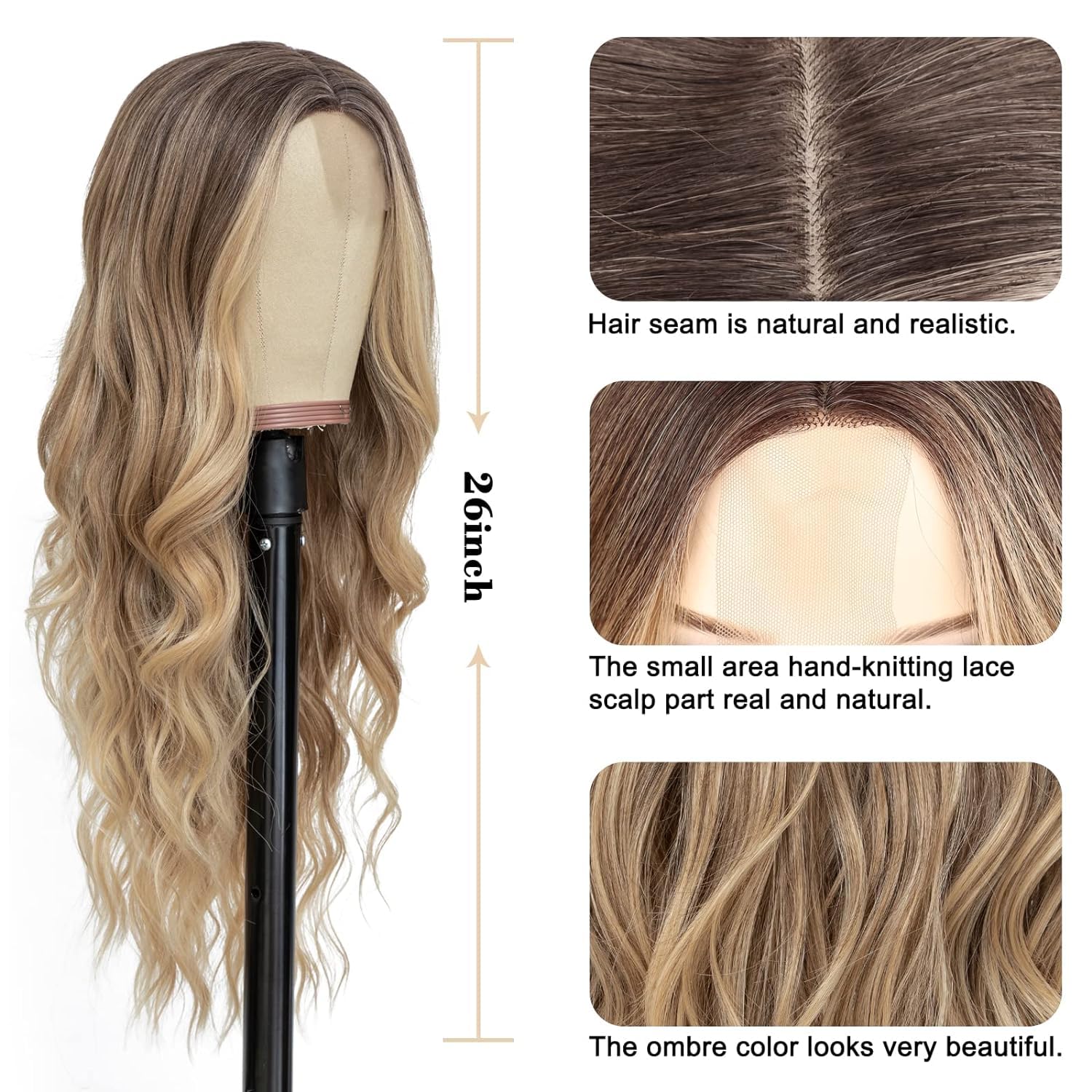 PORSMEER Long Ombre Blonde Wavy Wig - Women's Lace Middle Part Curly Wig, Natural Looking Synthetic Heat Resistant 26 Inch - Image 3