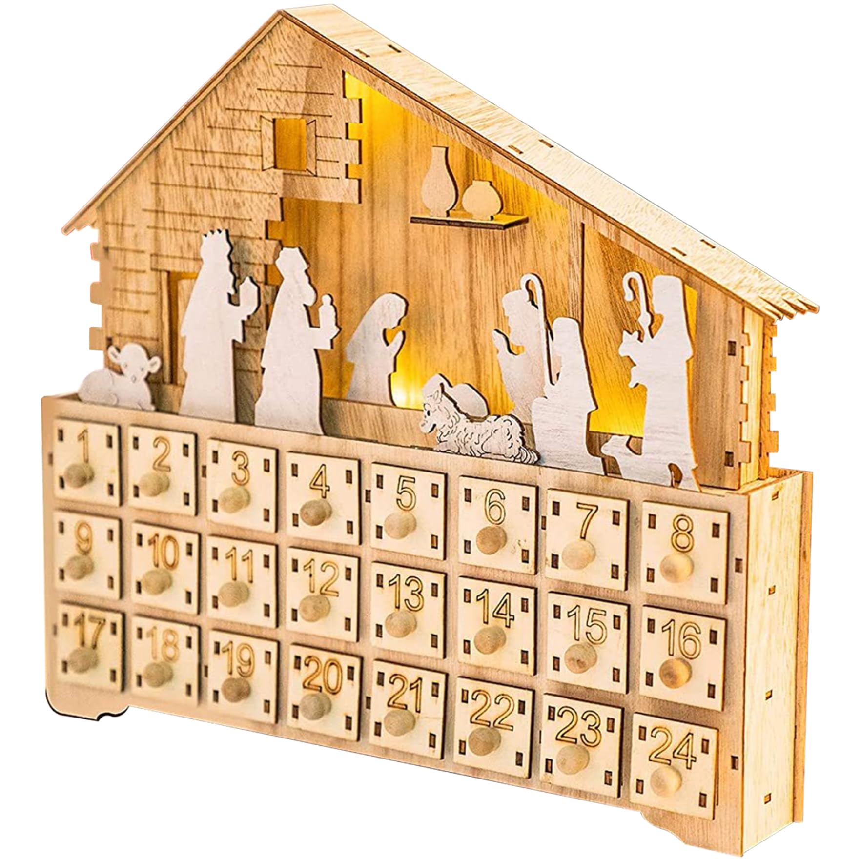 Calendario dell'avvento natività in legno, calendario dell'avvento natalizio della scena della natività 2023, riempi il tuo calendario dell'Avvento con 24 cassetti e luci a LED per bambini per ad
