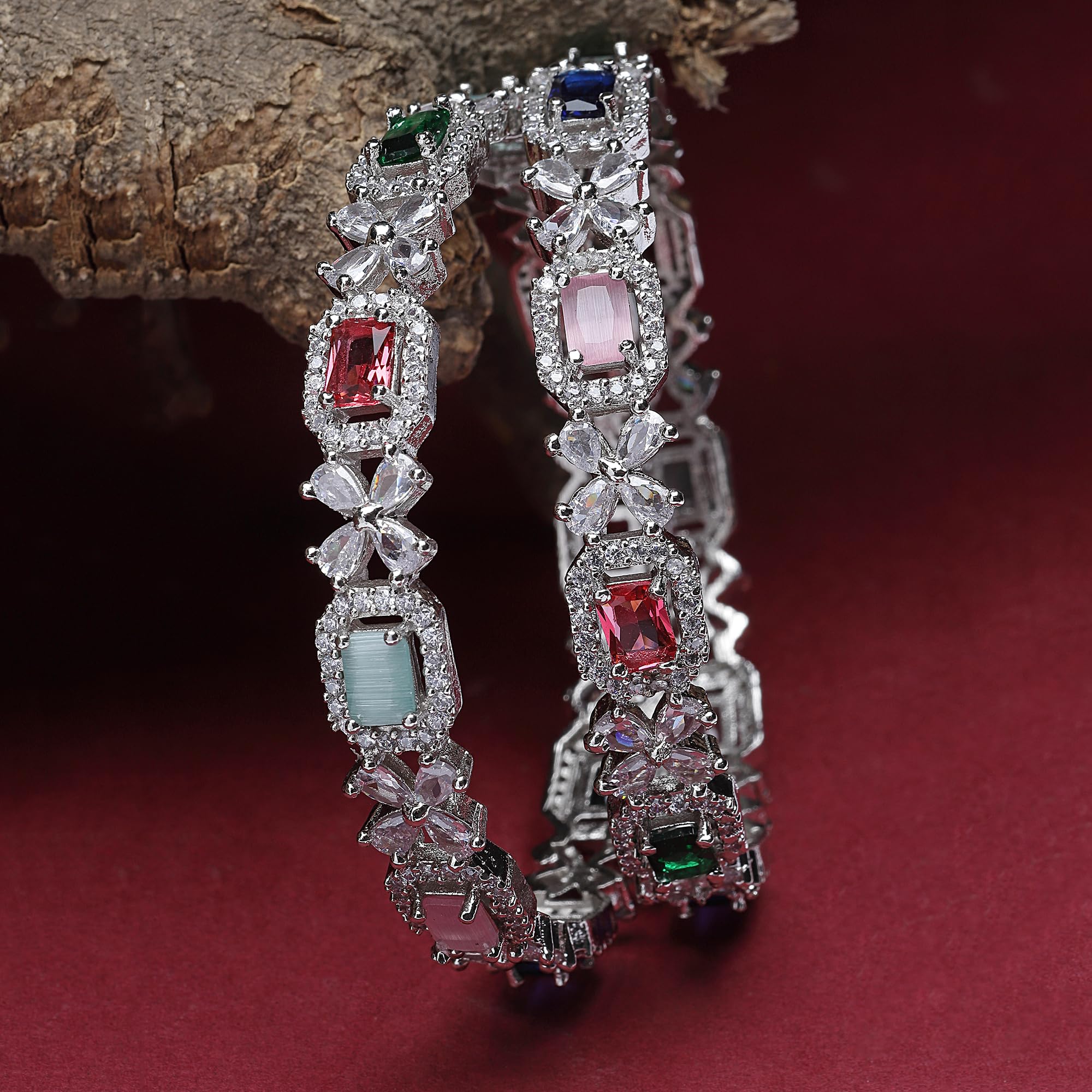 Rhodium-Plated Silver Toned AD Square Shaped Bangle Set (Design_04)