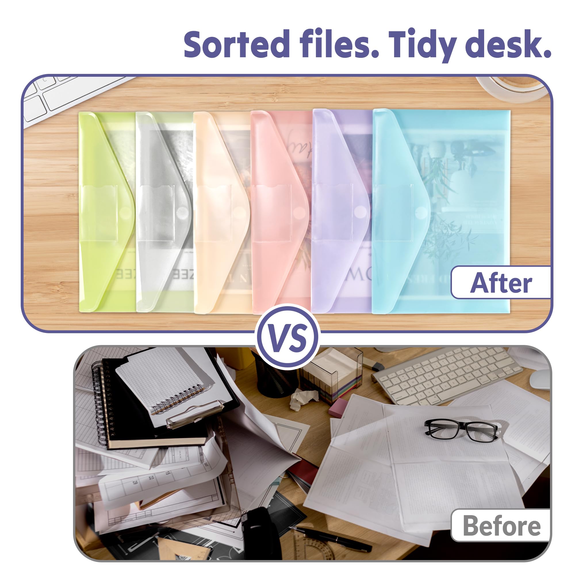 SUNEE Confezione da 6 buste in plastica, cartelle per documenti formato A4, cartelle in polietilene con tasche per etichette, per scuola, casa, ufficio, forniture di lavoro, 6 colori