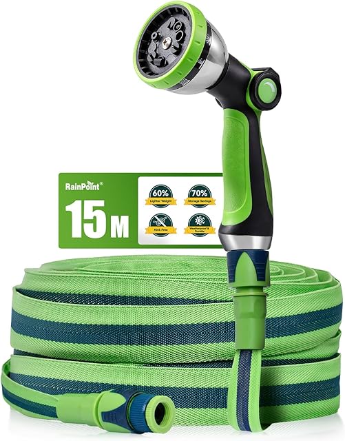 RAINPOINT RAINPOINT Gartenschlauch Flexibel 15m, Leichtgewicht-Wasserschlauch mit TPE-Innenschlauch, 800D Oxford-Gewebe, 30 Bar Berstdruck, Knickfrei, 10-Funktionen Gartenbrause, 1/2" & 3/4" Anschlüsse — Schläuche