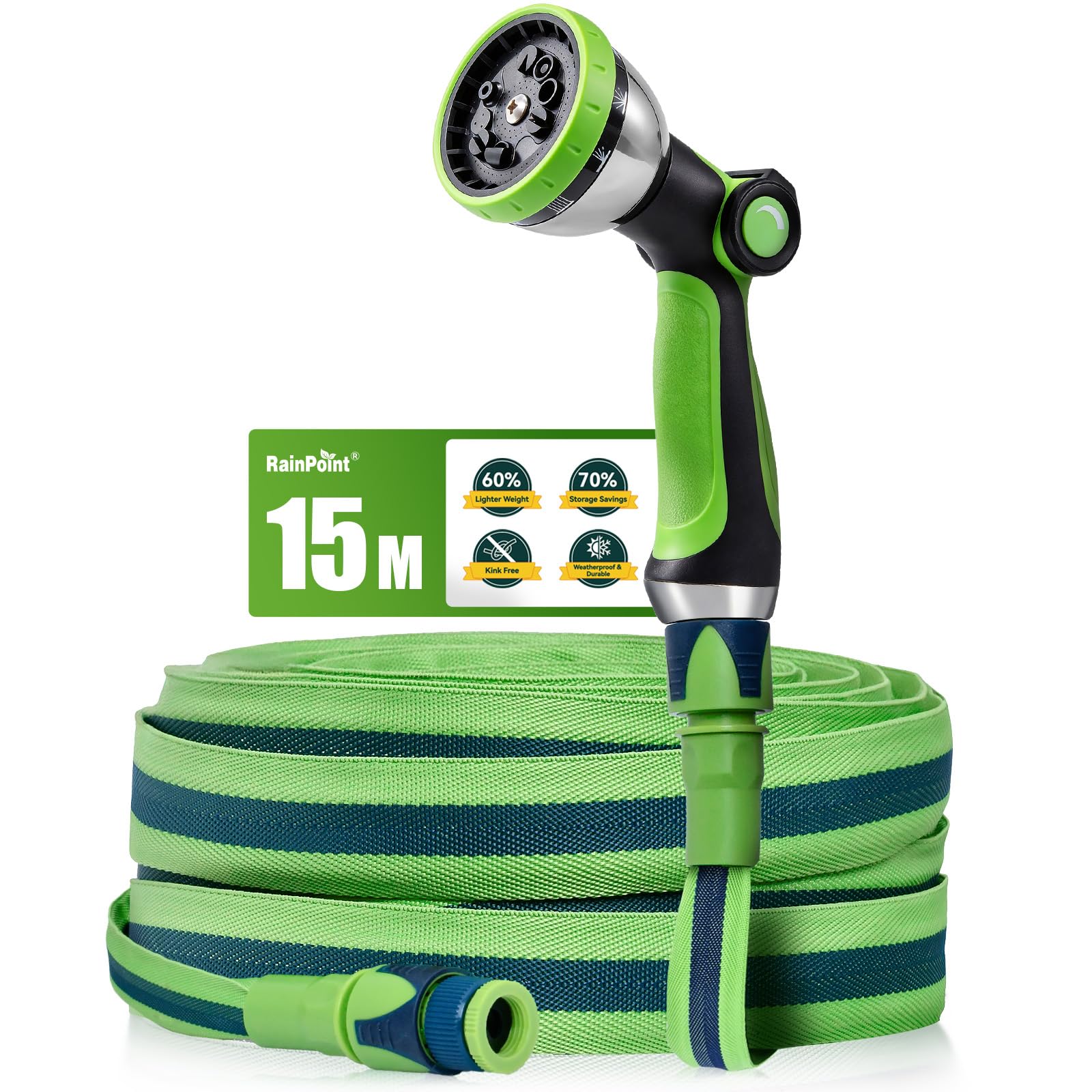 RAINPOINT Gartenschlauch Flexibel 15m, Leichtgewicht-Wasserschlauch mit TPE-Innenschlauch, 800D Oxford-Gewebe, 30 Bar Berstdruck, Knickfrei, 10-Funktionen Gartenbrause, 1/2