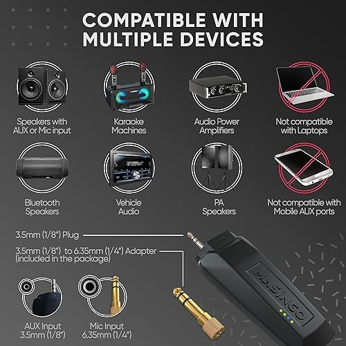 Miniatura 7 de MASINGO 2 micrófonos inalámbricos de karaoke, receptor Bluetooth integrado, conecta micrófonos y teléfonos inteligentes a cualquier altavoz con