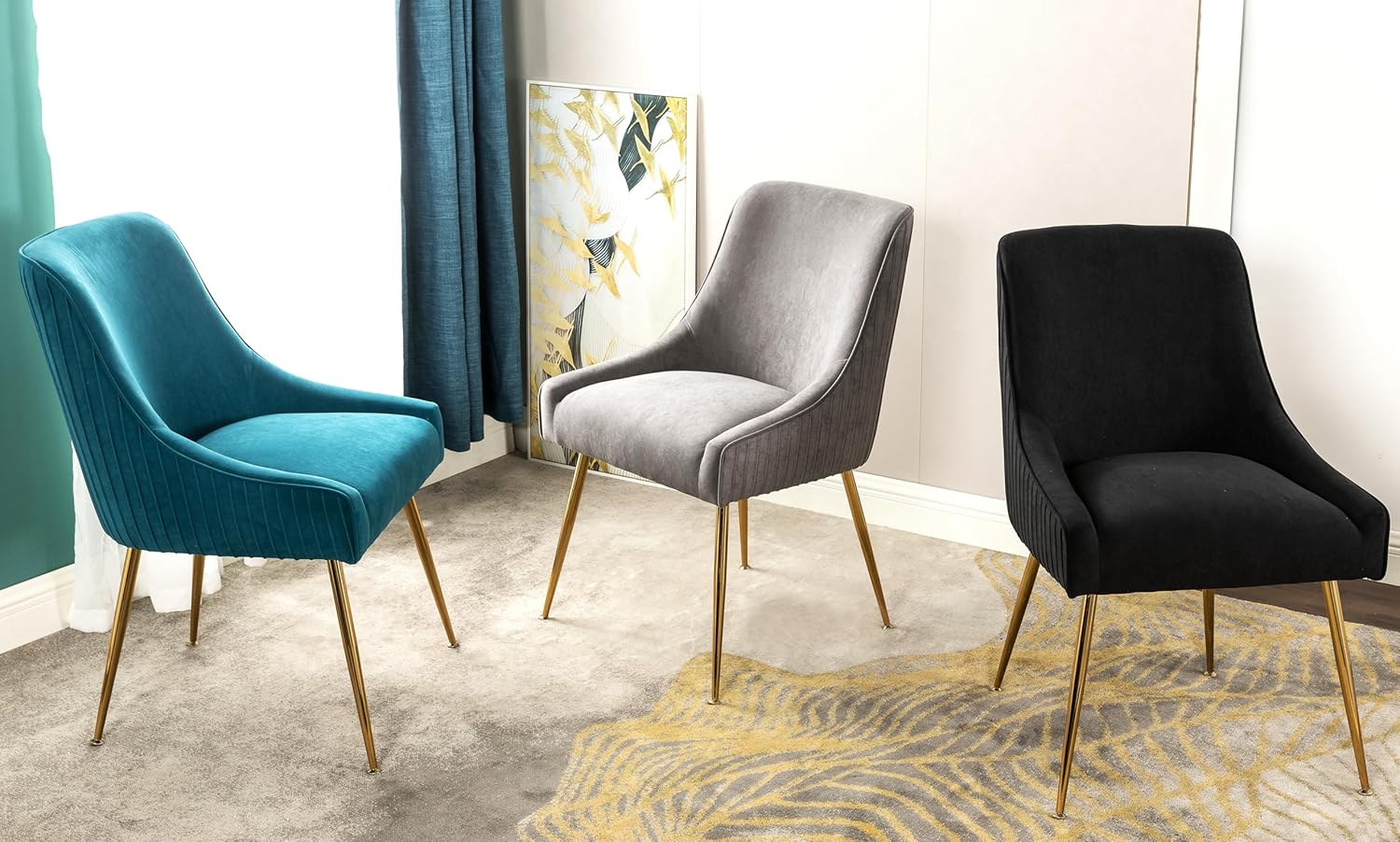 Container Furniture Direct Luxury Velvet Dining Chair with Elegant Scoop Back Design, Gold Metal Legs and Soft Upholstery, Comfortable Seating for Dining Room, Kitchen, or Office, Greenish Blue