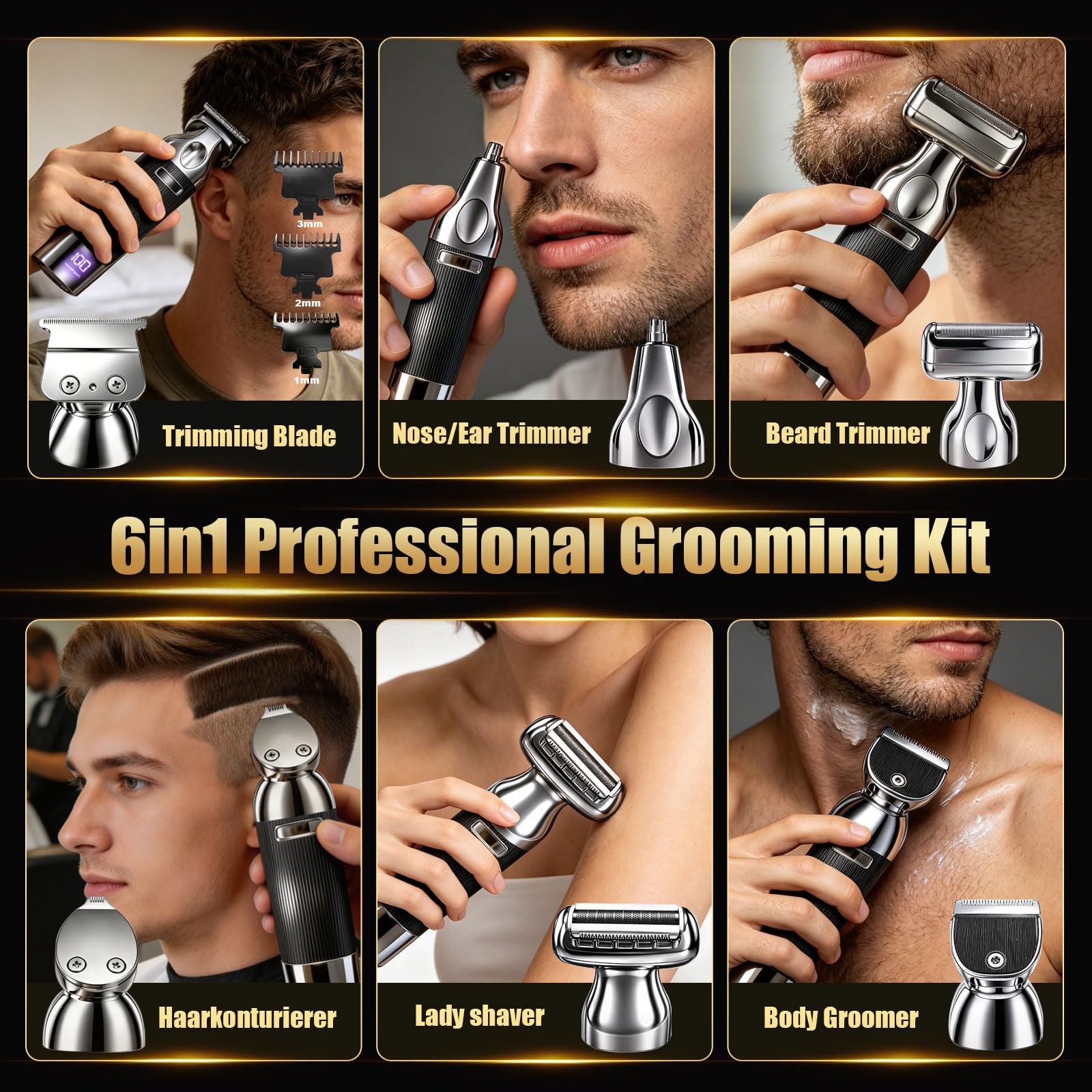 6-in-1 Rechargeable Beard Trimmer Grooming Kit for Men with LED Display