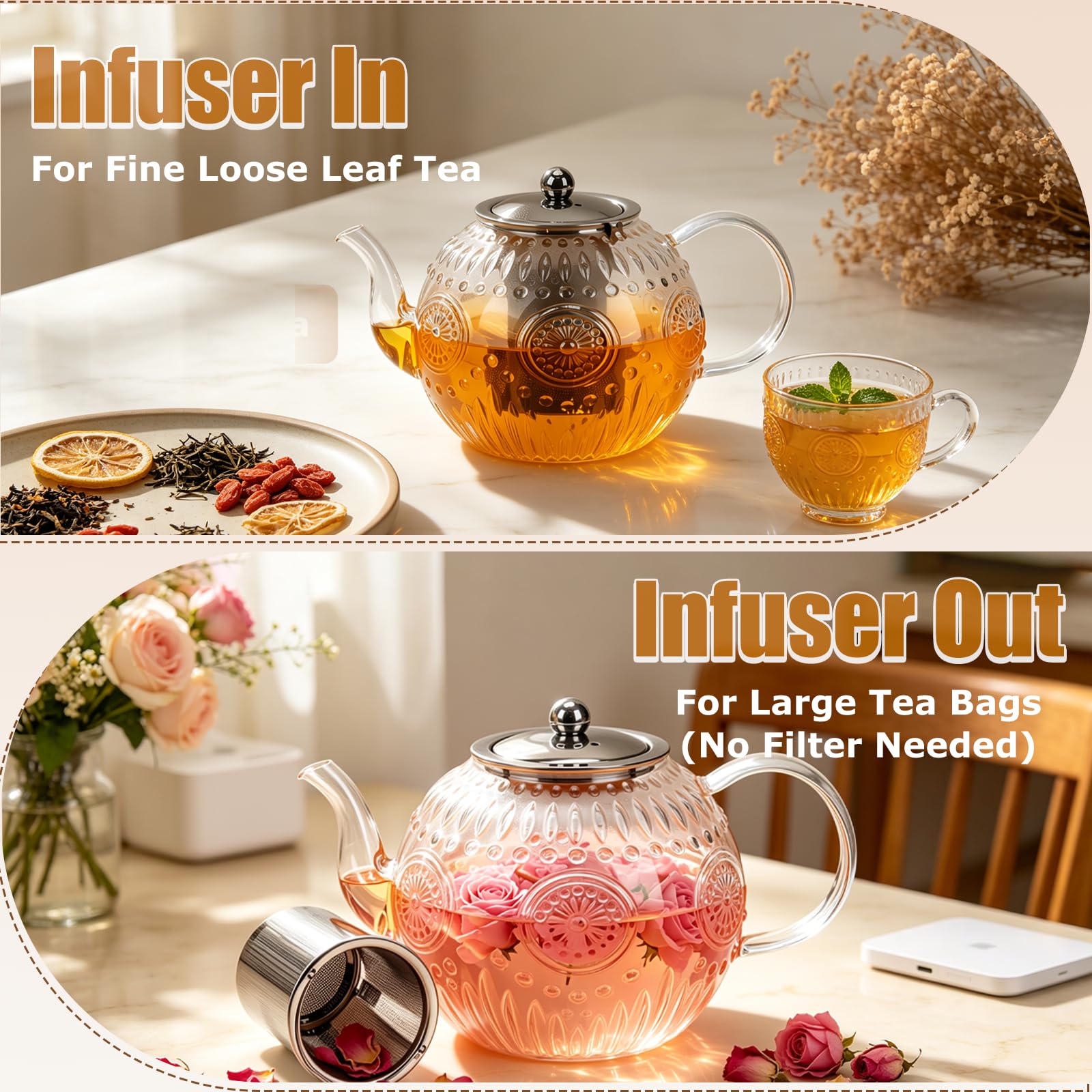 Teiera in vetro da 1500 ml, con infusore e sottopentola, per 4-6 tazze | Teiera in vetro borosilicato per foglie sfuse e tè in fiore, bustine di tè, lavabile in lavastoviglie e congelatore