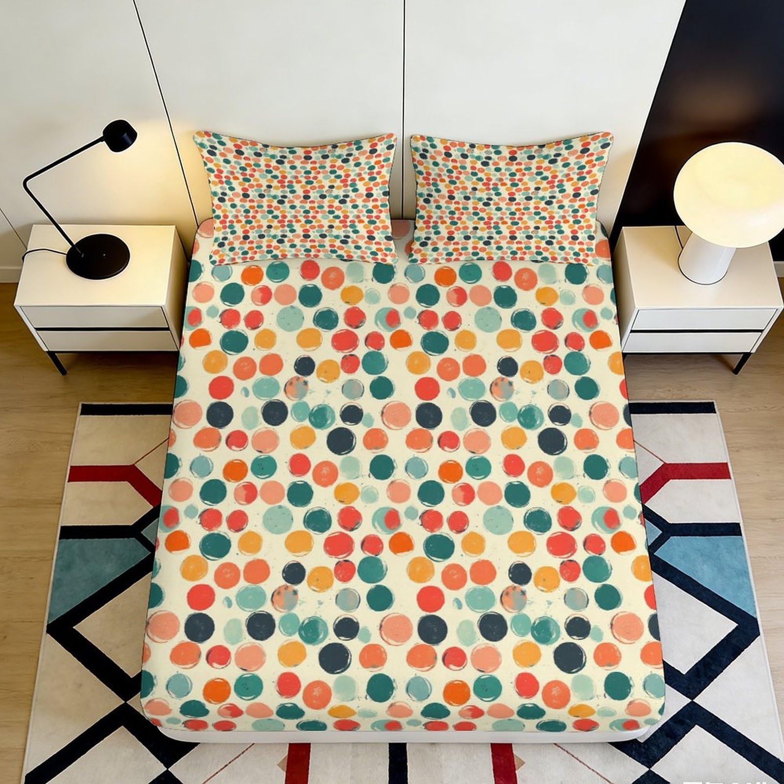 3D Printed Colorful Polka Dot Fitted Sheet Microfiber Soft Non-Slip Abstract Spots Mattress Cover for Bedroom Dorm Home Decor 90x200x25cm