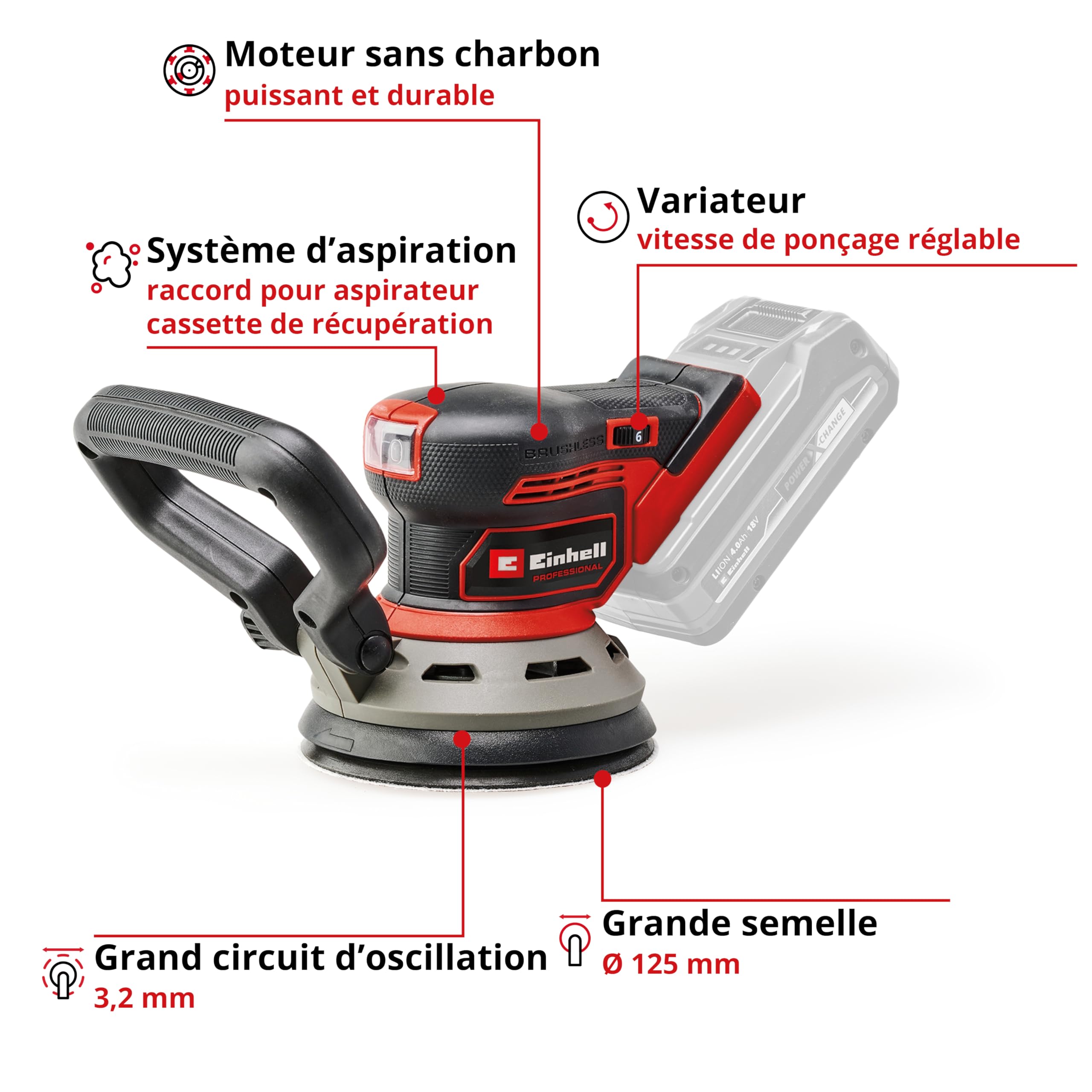 Einhell Professional Ponceuse excentrique sans fil TP-RS 18/32 Li BL-Solo Power X-Change (18 V, moteur Brushless, semelle 125 mm, papier abrasif inclus) Livré sans batterie ni chargeur
