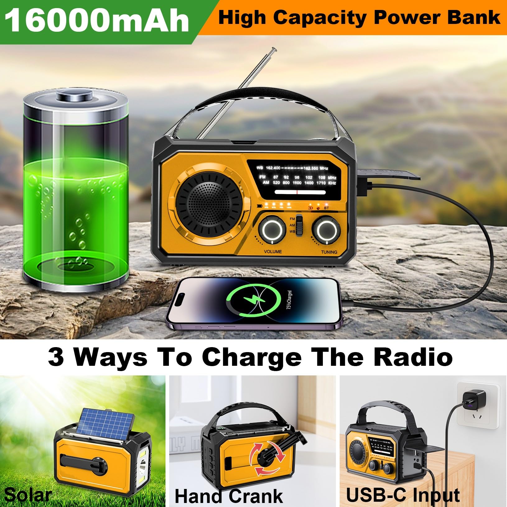 Radio pogodowe z korbą ręczną 16000 mAh z bezprzewodowym głośnikiem, 59200 mWh NOAA AM FM, radio solarne z latarką, ładowarka do telefonu komórkowego, lampa do czytania, kompas SOS, na kemping i