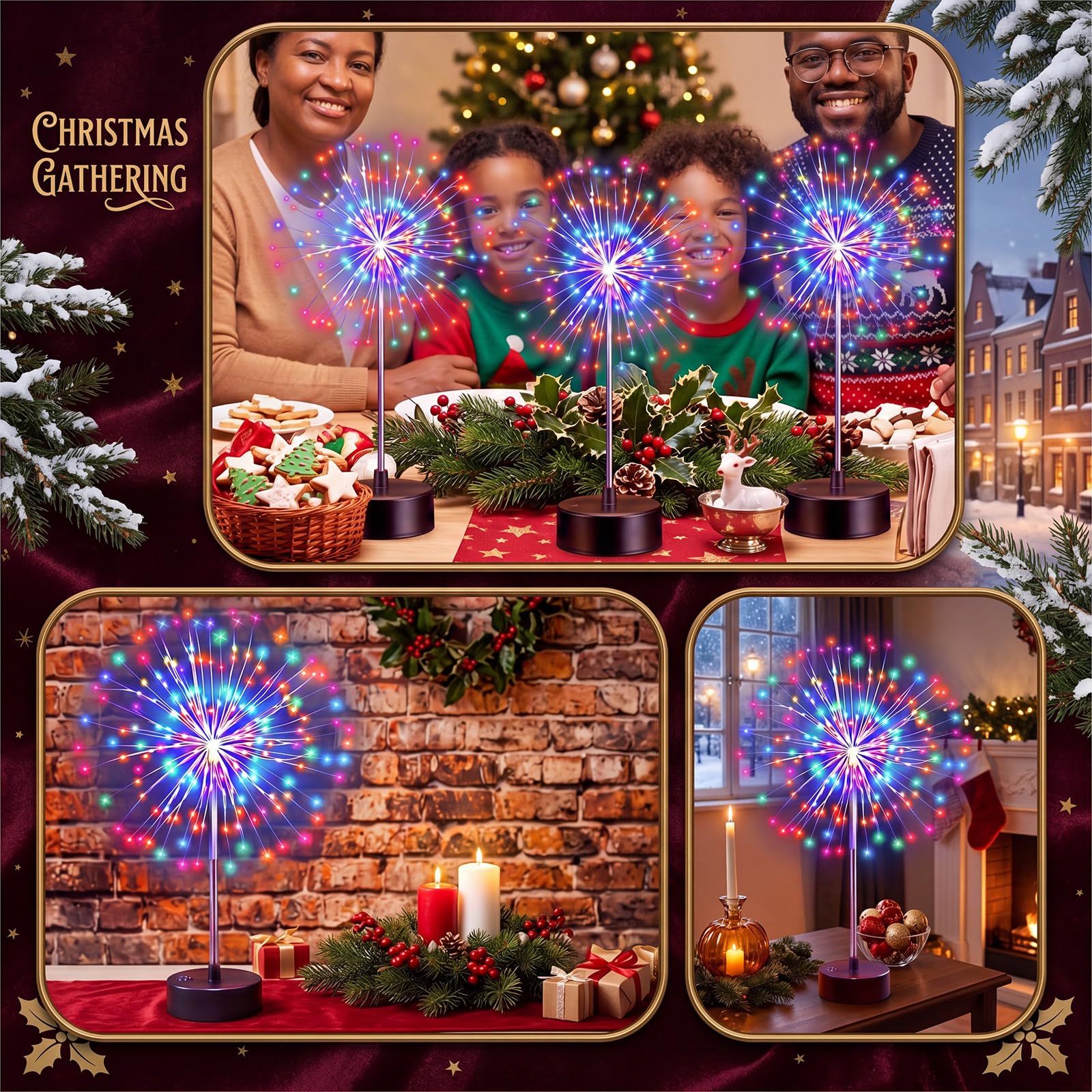 Tujoe Weihnachts-Feuerwerk und Blumen-Mittelstück-Lichter, 120 LEDs, buntes Bankett, rote und grüne LED-Feuerwerk-Lampe für Weihnachten, Tisch, Hof, Außenbereich, Fee, dekorativ, 3 Stück