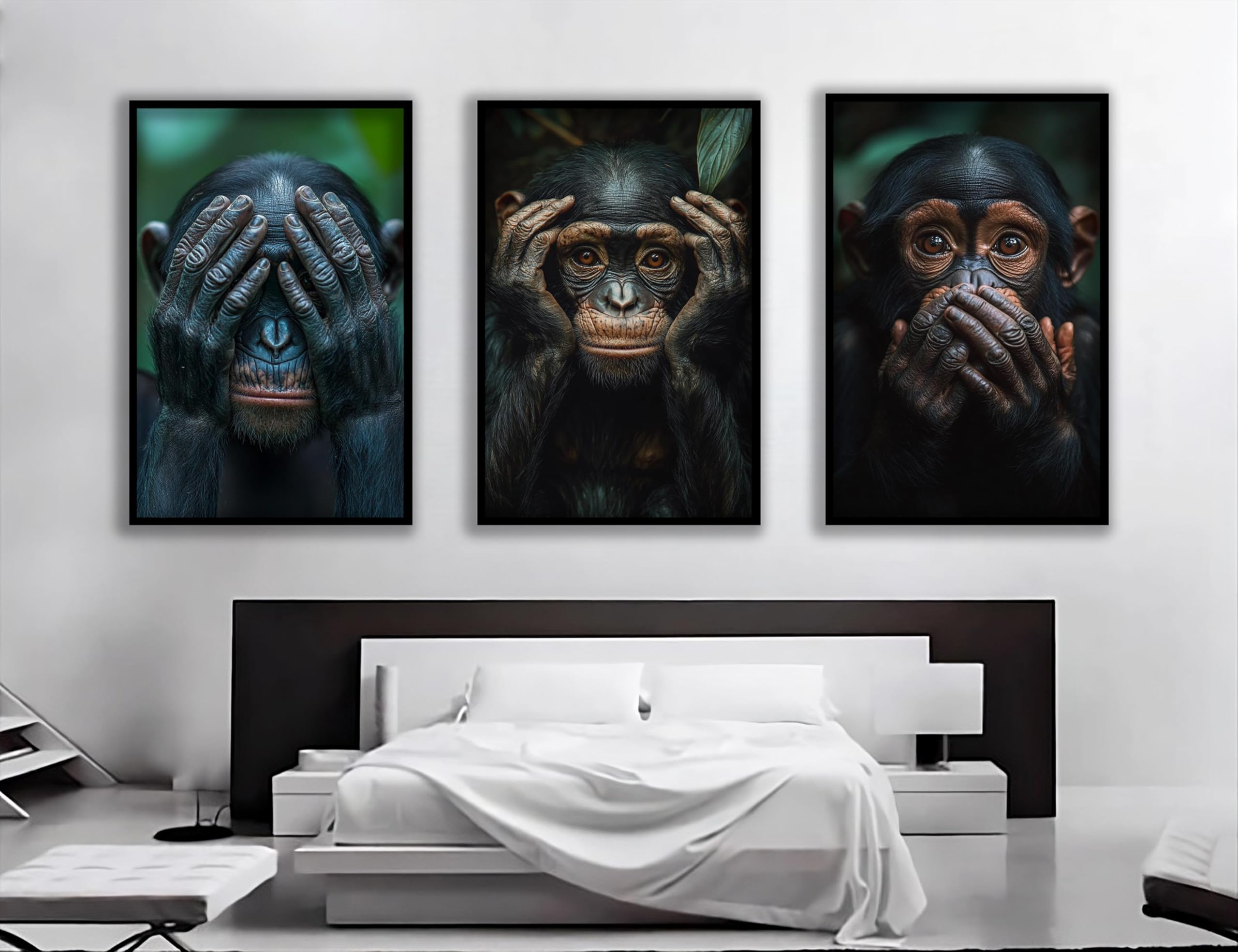 Zestaw 3 obrazów z mądrymi małpami, abstrakcyjne obrazy na płótnie małp, portrety zwierząt, dekoracyjne plakaty do sypialni (60 x 90 cm x 3 / bez ramki)