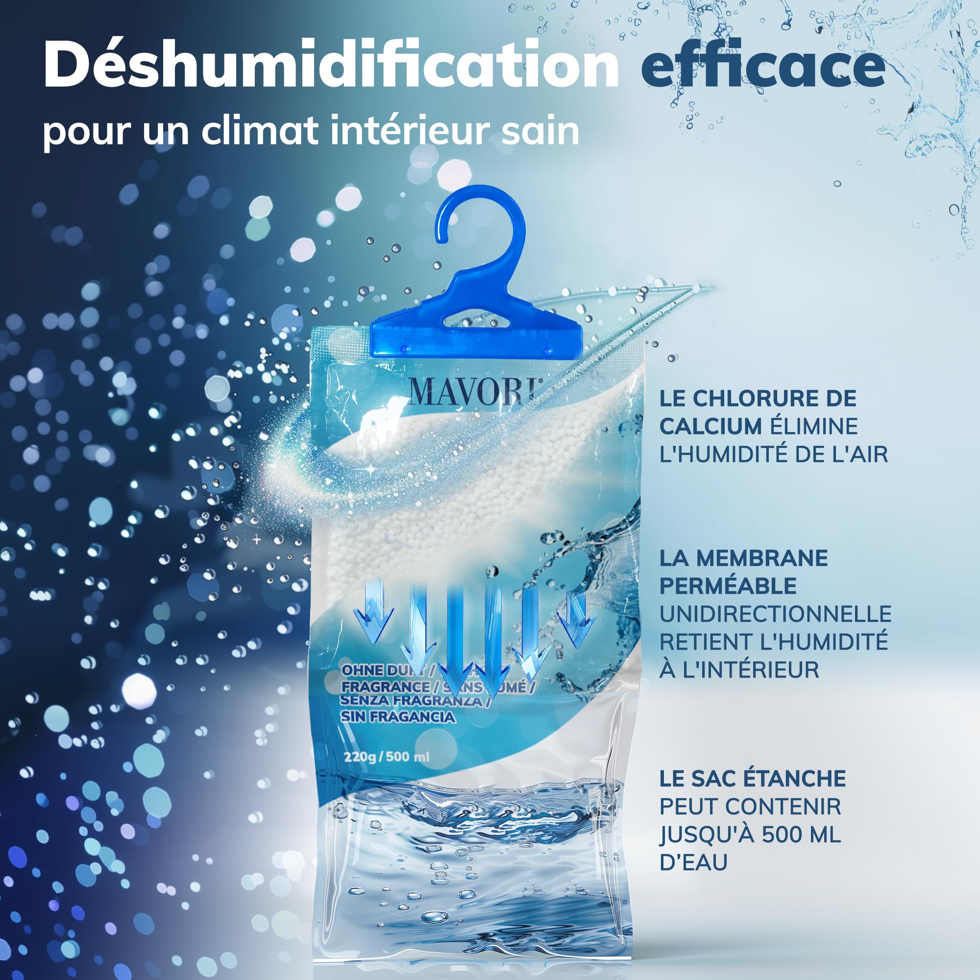 Lot de 10 déshumidificateurs XL à suspendre I sacs déshumidificateurs I déshumidificateur armoire et absorbeurs d'humidité pour pièces contre l'humidité, les moisissures et les odeurs