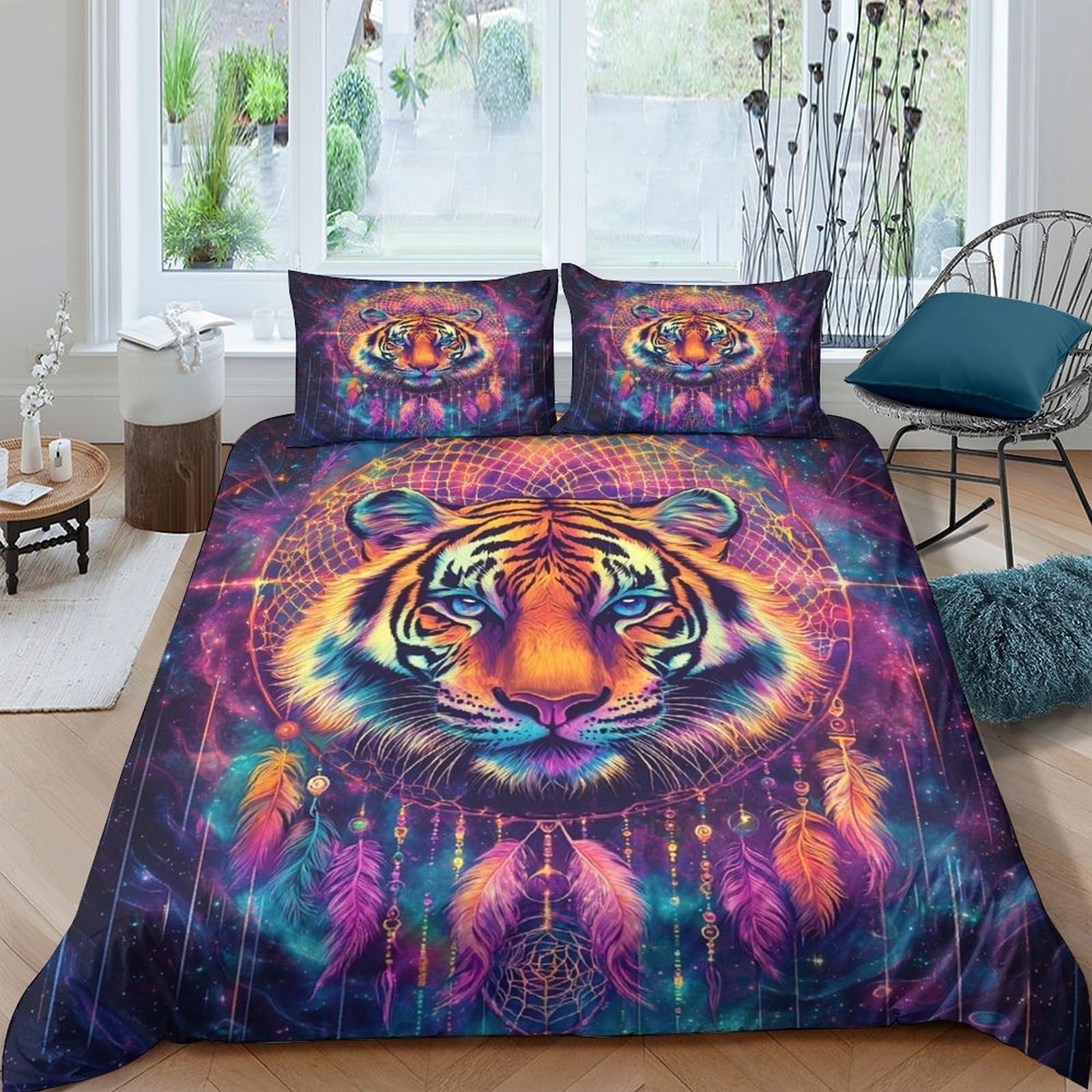 Ctjqhvkz Style-4 3D Printed Colorful Tiger Fitted Sheet Microfiber Soft Dreamcatcher Bed Cover For Bedroom Dorm Mattress Protection Single（135X200cm）
