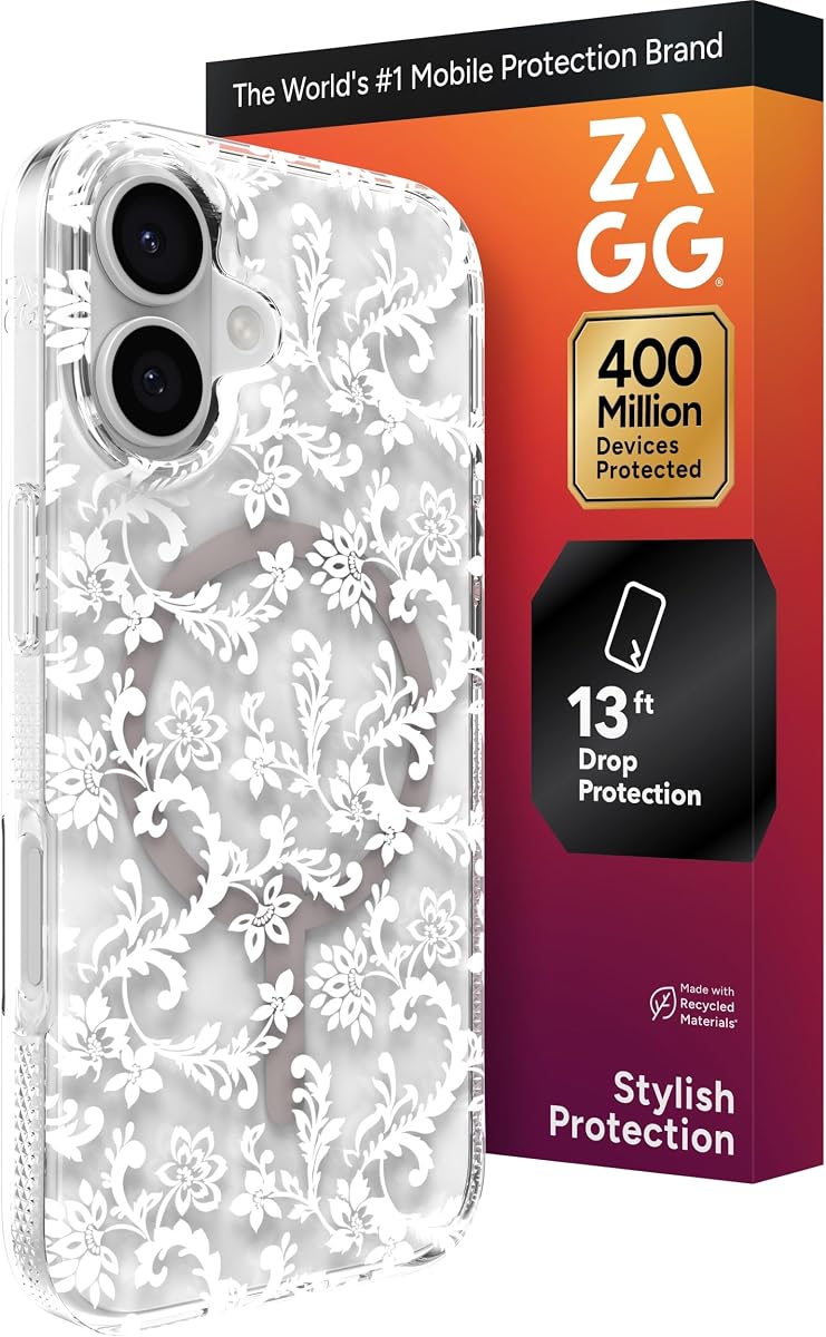 ZAGG Milan Snap Funda para iPhone 17 - White Boho Blossom, funda para teléfono reforzada con grafeno con protección contra caídas (13 pies/4 m), bordes texturizados y diseño brillante, compatible con carga MagSafe