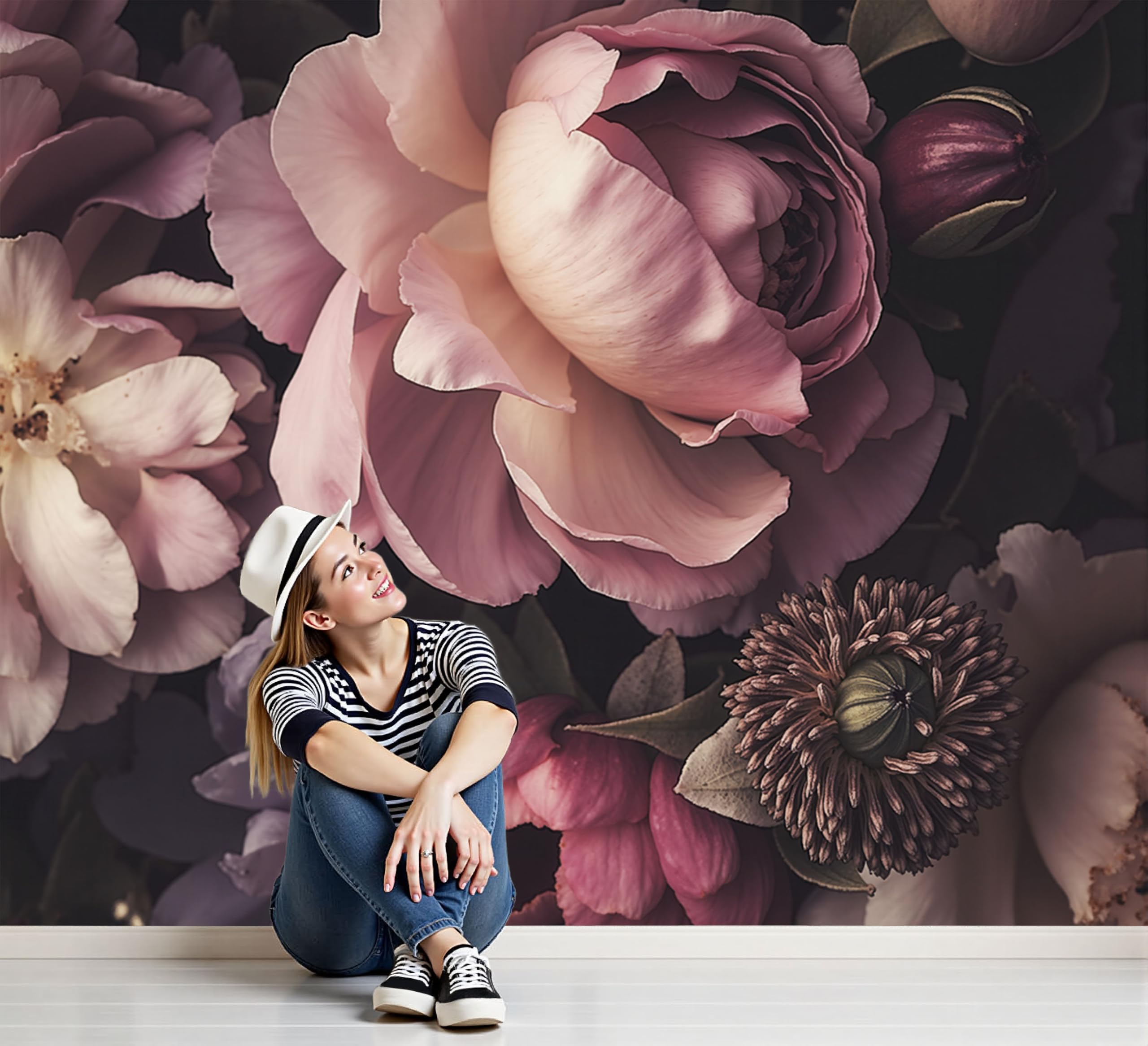 Papier peint panoramique pivoines 350x256cm rose foncé pour mur salon