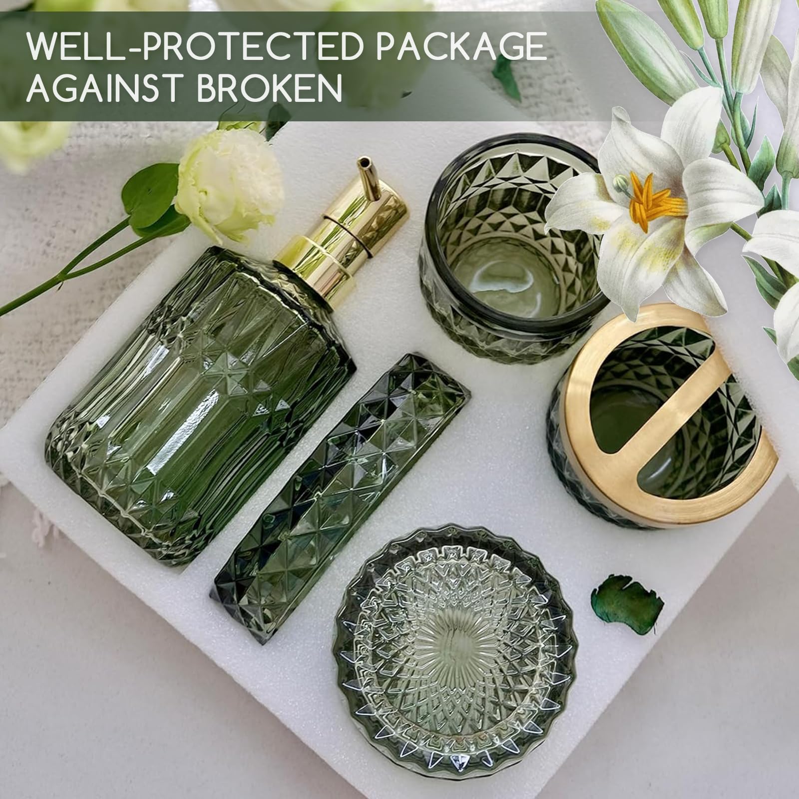 5 Stück Grünes Glas Badezimmer Zubehör Set, Glas Badezimmer Accessoires Set von Lotionspender,Seifenschale,Zahnbürstenhalter,Becher,Wattestäbchen Badezimmer Deko Set für Modernes Bad,Vintage Geschenk