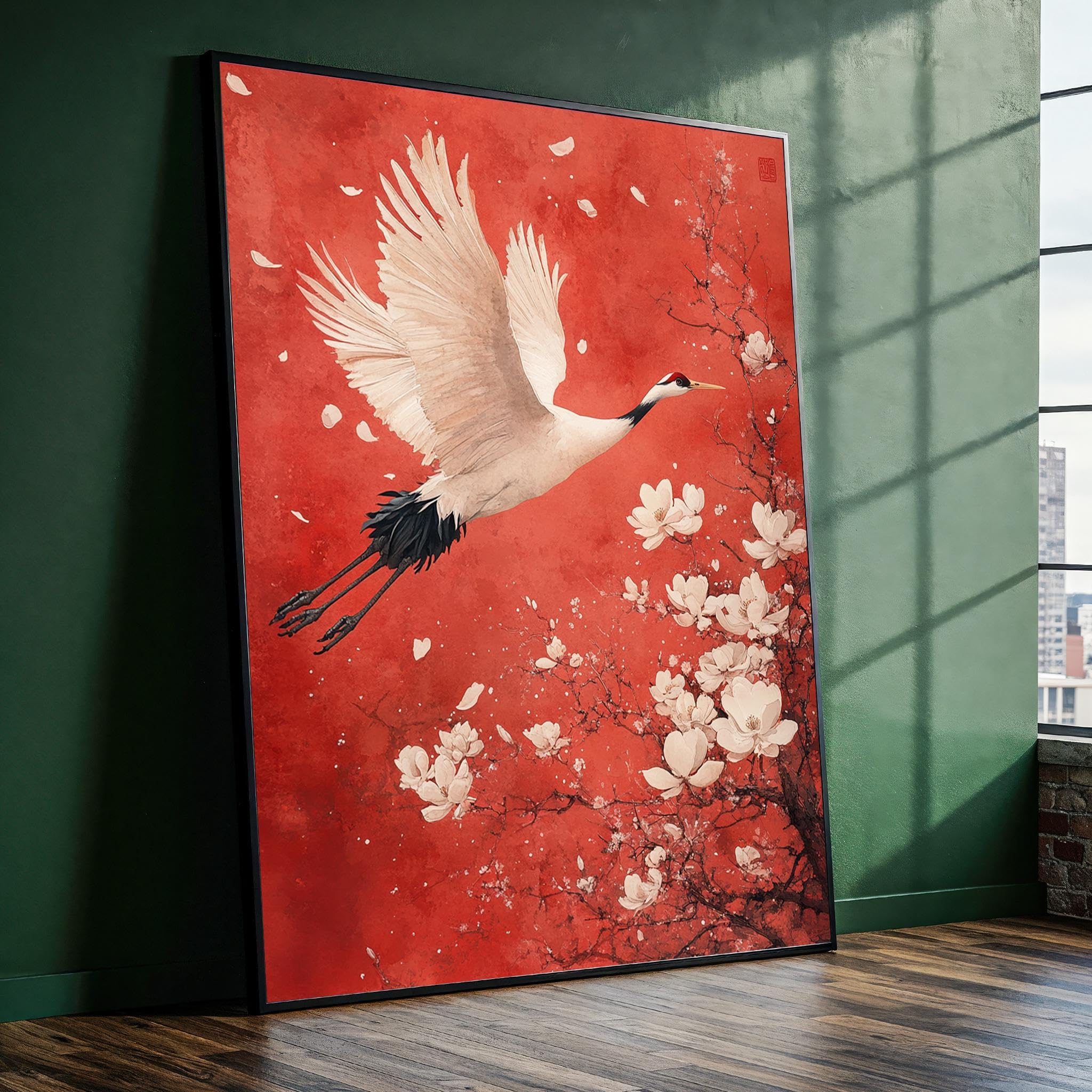 YUSUZHU Red Flying Crane Canvas Painting, Blossom Boho Canvas Wall Art, Ready to Hang, for Art impressionist Animals Painting(21x30cm/Frameless)