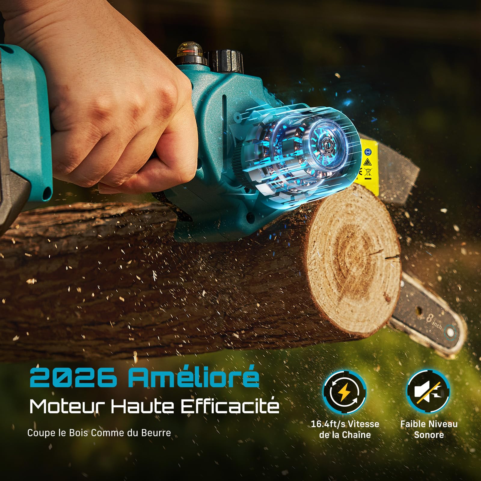 SEESII 8 Pouces Mini Tronçonneuse à Batterie 2x4000mAh, Tronçonneuse Électrique sans Fil avec Injecteur de Lubrifiant et Chaîne de Remplacement, Mini Scie à Chaîne Électrique pour Jardin, CH820+