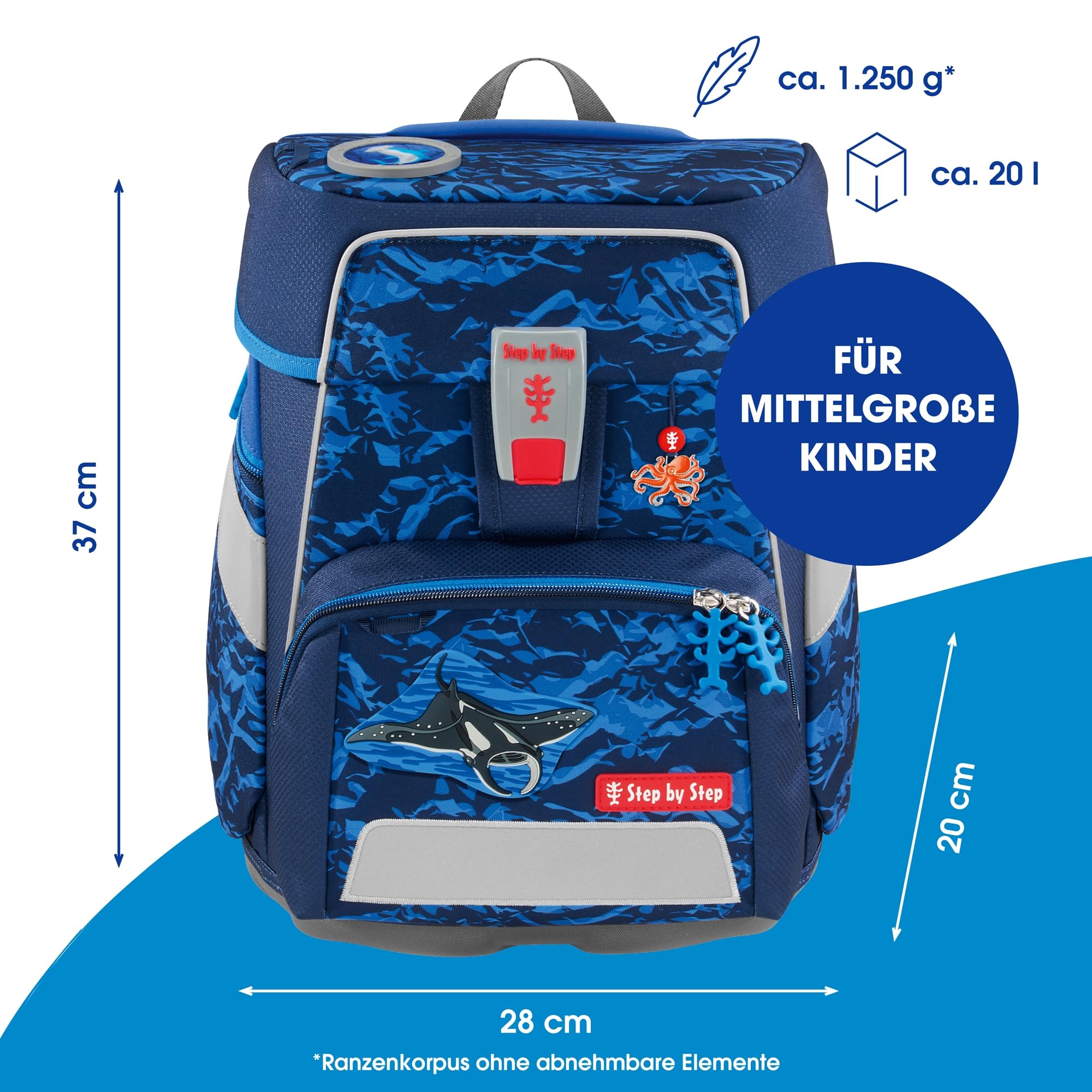 Step by Step SPACE Manta Rio zestaw z tornistrem szkolnym, 5-częściowy, niebieski, 20 l, ergonomiczny zestaw z tornistrem podwodnym z elementami odblaskowymi i pasem biodrowym