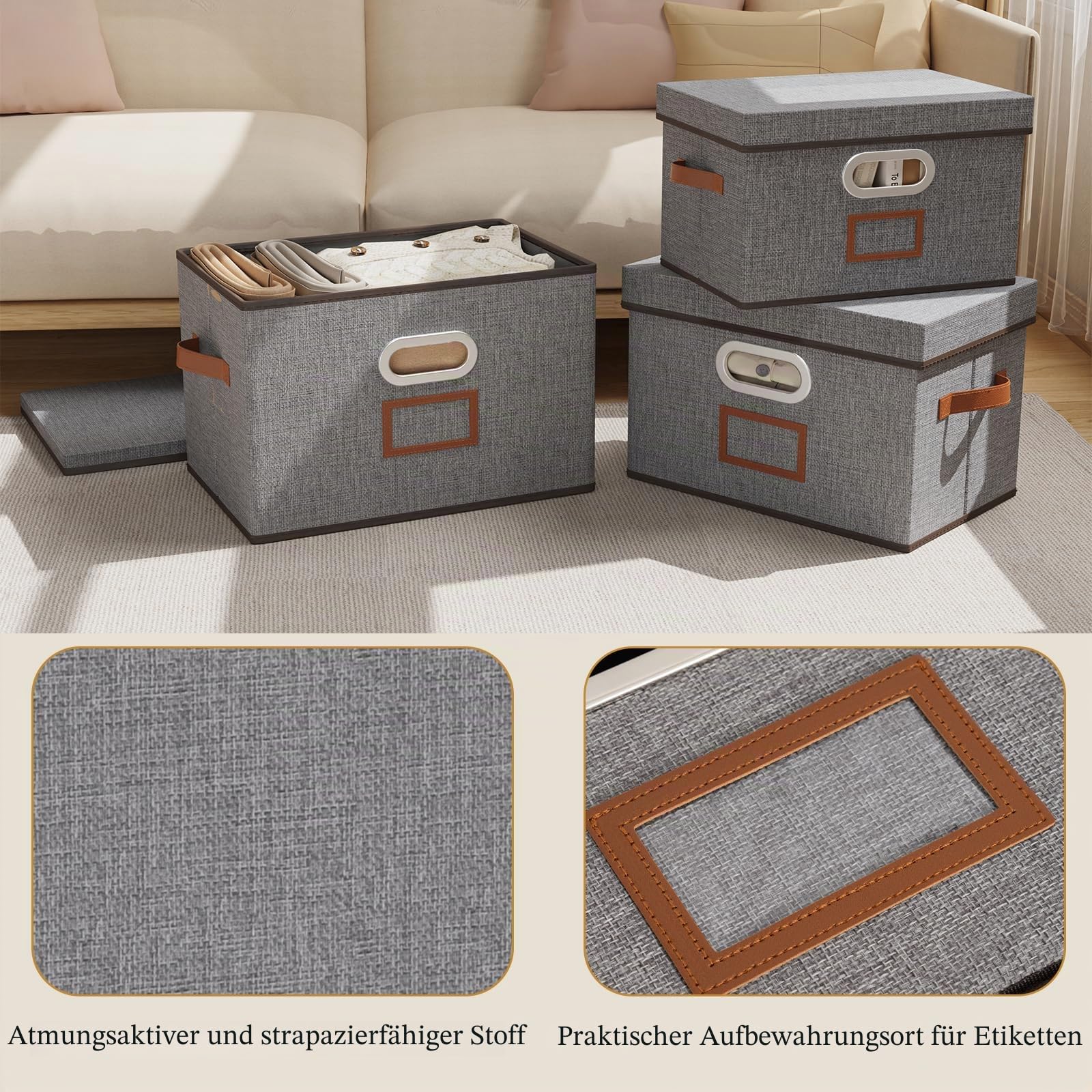 OUTBROS 3 Set Aufbewahrungsbox, Faltbarer Stoffboxen 45x30x30cm, Grau | Faltbarer Aufbewahrungskorb mit Etikettentasche, Kisten Aufbewahrung, Schrank Organizer Kleiderschrank, für Kleidung