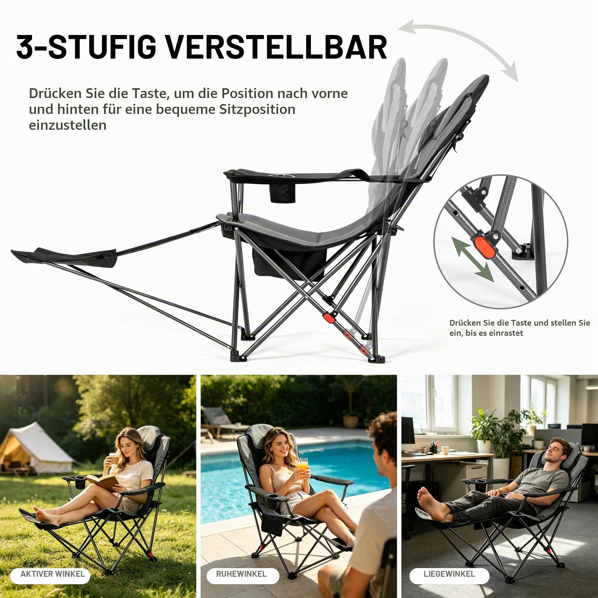 OUTSIDER Schwerlast Campingstuhl mit Fußstütze 200kg, 3-Position Klappstuhl, Getränkehalter, obere Reißverschlusstasche & Seitentasche, tragbar für Camping, Angeln, Wandern 1pc (Black-4)