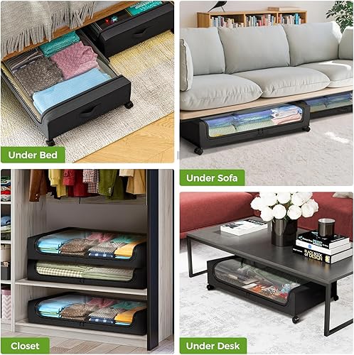 Miniatura 4 de Paquete de 2 unidades de almacenamiento debajo de la cama con ruedas, contenedores de almacenamiento debajo de la cama, almacenamiento debajo de la