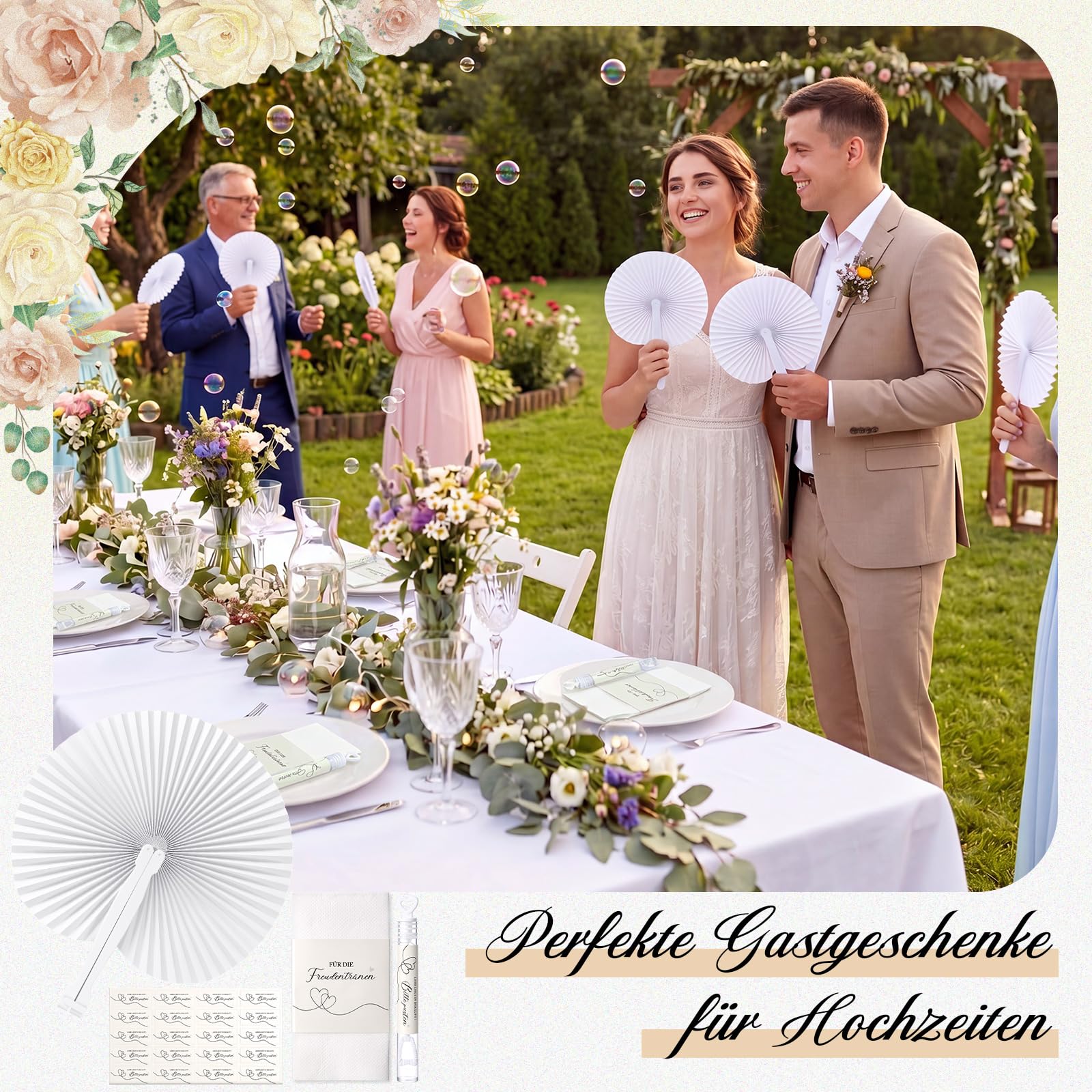 BBTO 50 Sets Hochzeit Gastgeschenke Handfächer Seifenblasen Hochzeit mit Aufkleber Freudentränen Taschentücher Banderolen Organzabeutel für Hochzeitsgäste Geburtstag Party Geschenk Tischdeko